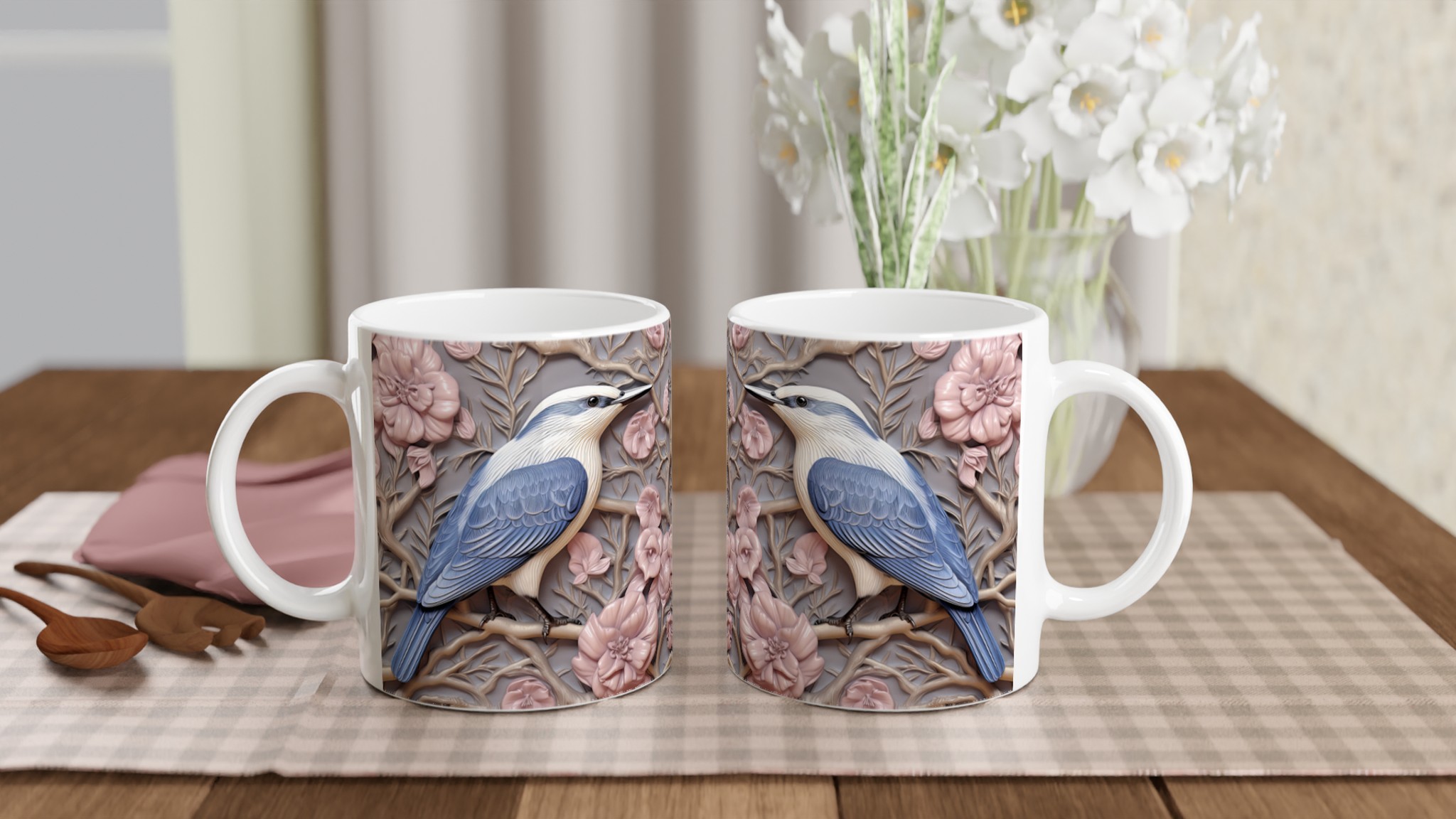 Elegant Ceramic Mug with Bluebird and Blush Floral Art – 11oz Premium Drinkware in Your Choice of Color 10 d6f54d95-418a-433a-80fc-beb02adbb455