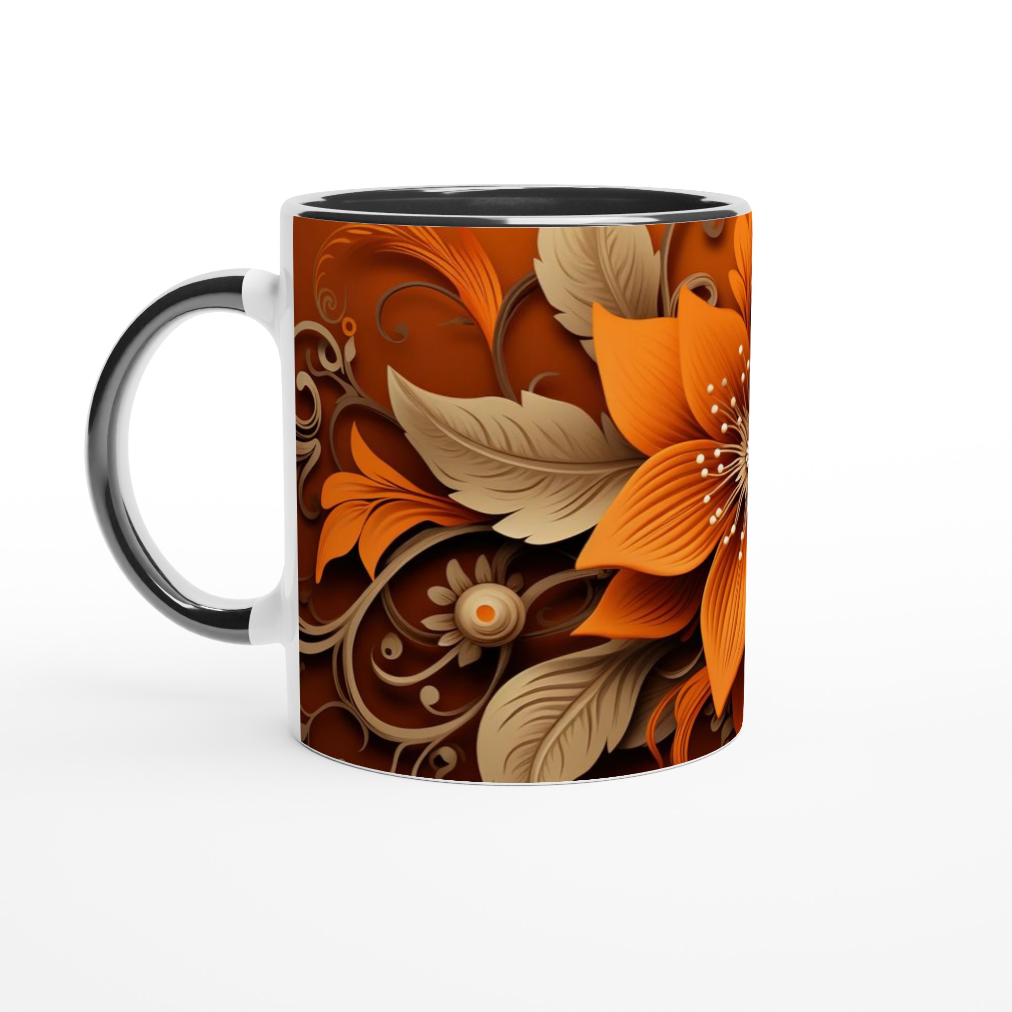 Vit 11oz keramisk mugg med sofistikerat blomstertryck i varm orange och beige 4 d7322199-9ee1-440c-a714-741c9004dc21