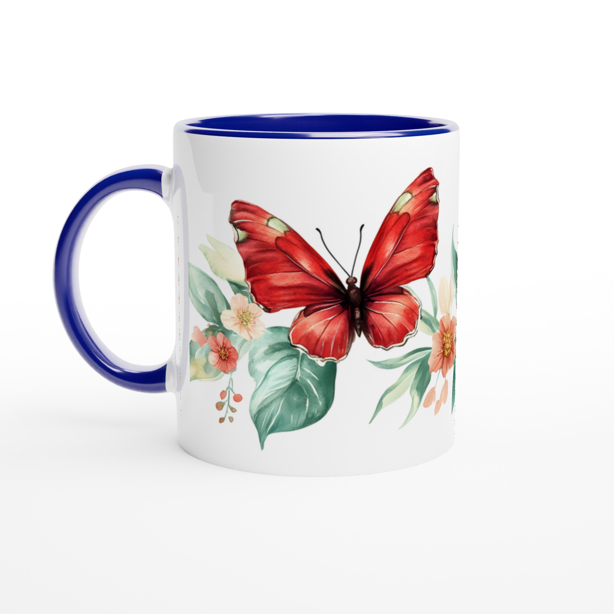 Fjärilsmugg - Akvarellblommor & Röda Fjärilar 11oz Keramisk Mugg 2 d73f3c3b-71e7-41f6-aa09-9cb3e77c55ea