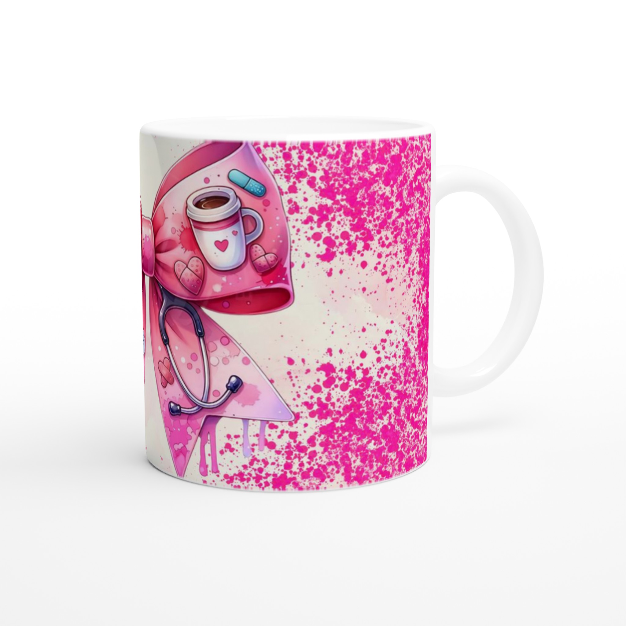 Vit 11oz keramisk mugg med rosa vårdhjälte-design – välj bland sju färgstarka keramikalternativ 9 d7959434-6286-4a5a-b56a-12d25b9d5718
