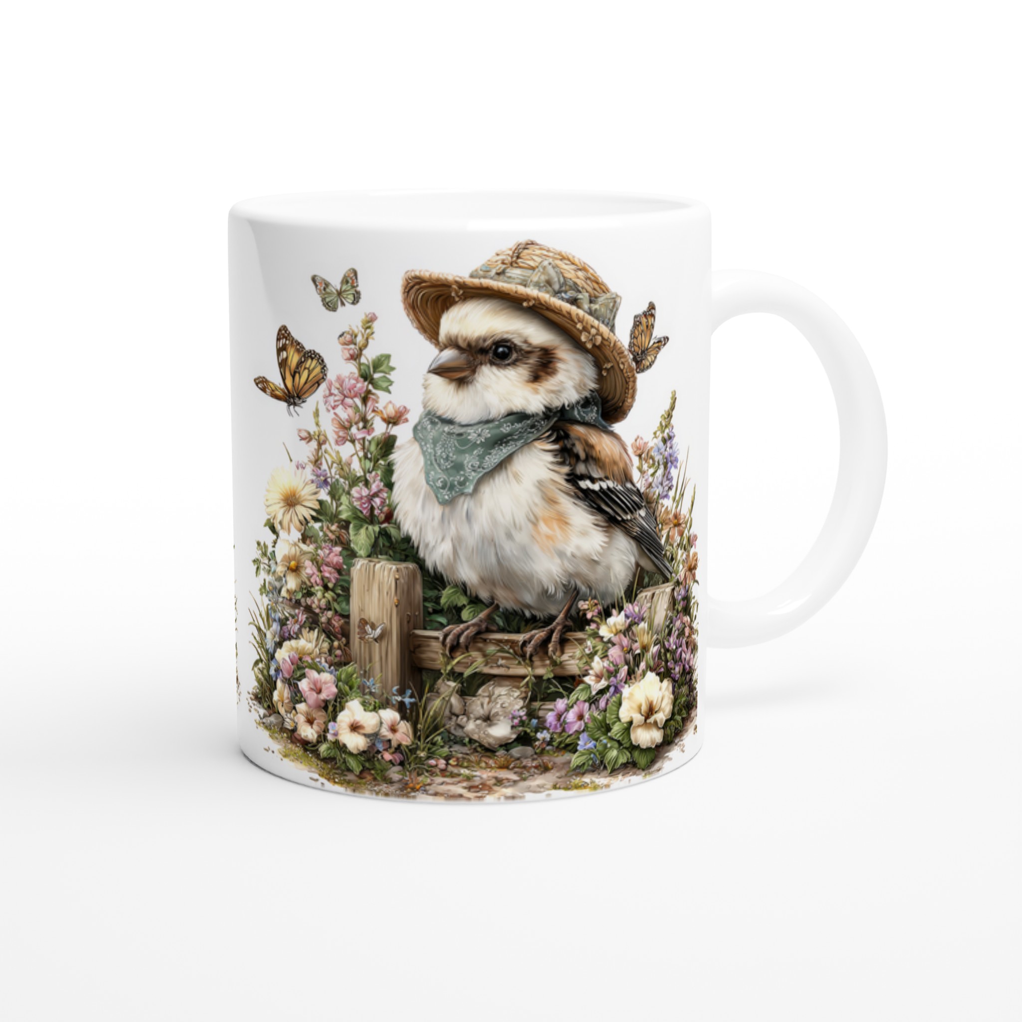 Vit 11oz keramisk mugg med charmig fågelhatt och blomsterdesign – välj din favoritfärg 9 d79c9bcc-5d71-42f9-8994-461799114ff8