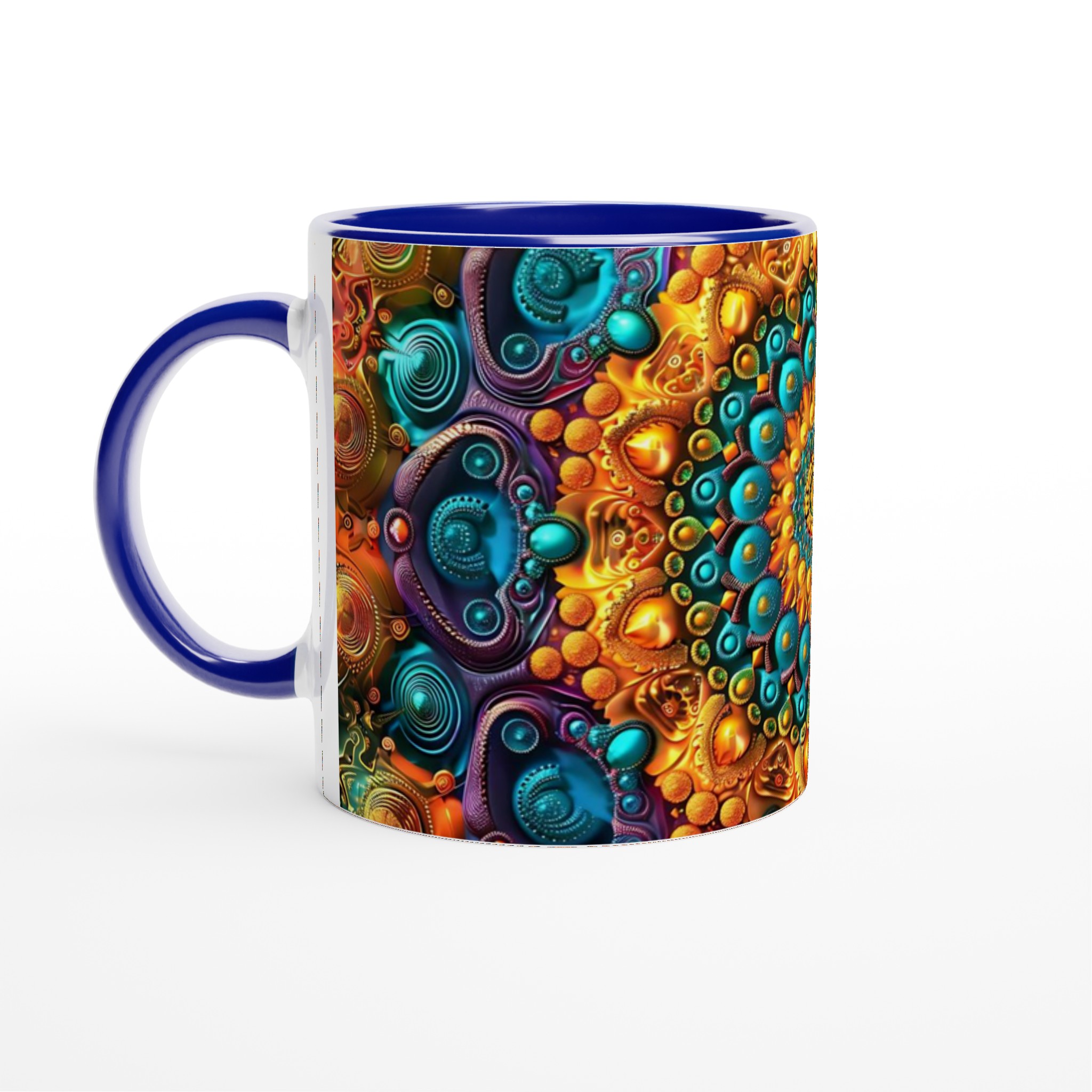 Mångfärgad Hypnotisk Mandala 11oz Keramisk Mugg – Geometrisk Konst i Strålande Guld & Turkos 2 d7d57205-b067-4ca6-a6a8-43ef9b76b078