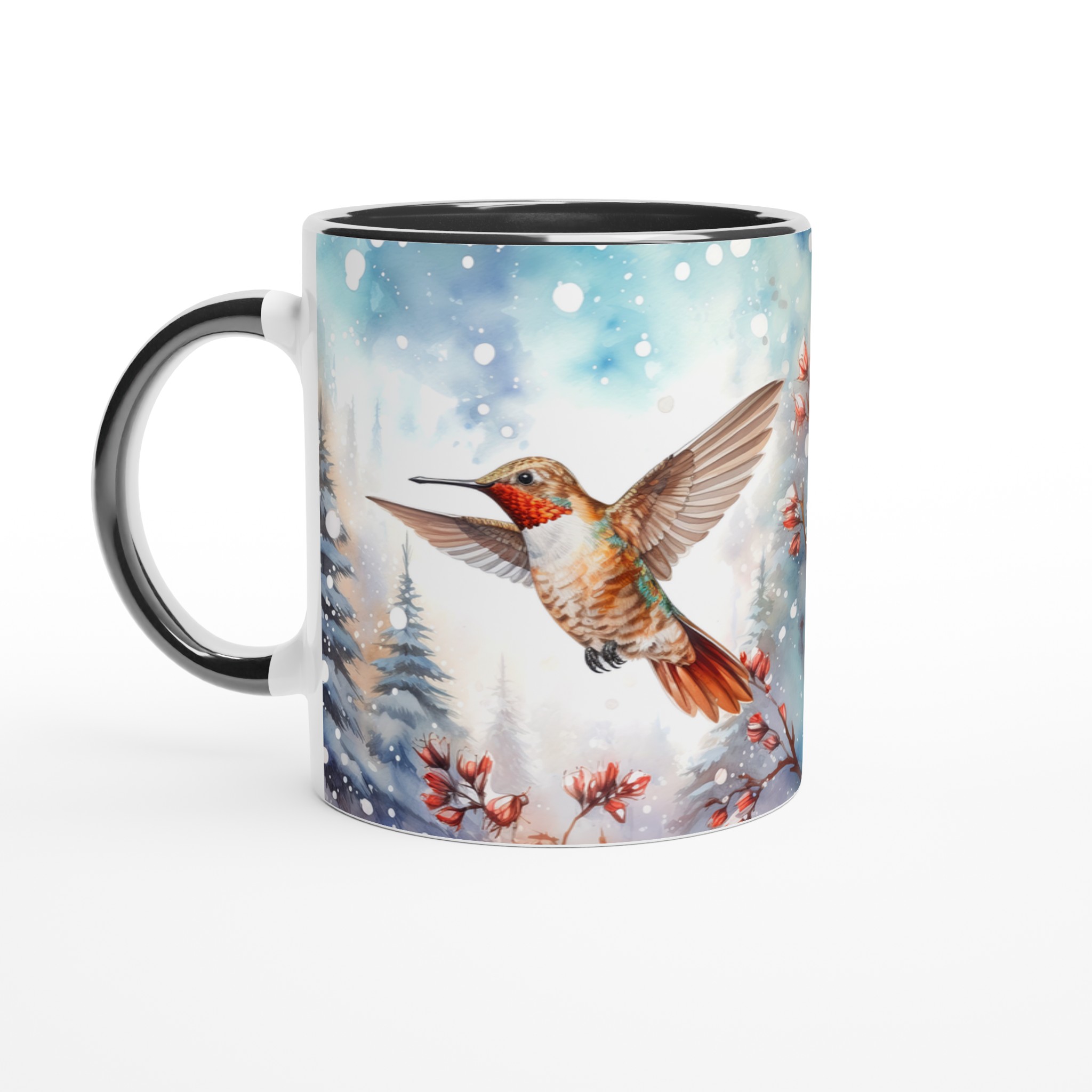 Vit 11oz keramisk mugg med vinterinspirerad kolibri och blomma - välj din favoritfärg 4 d8413b0c-c6b0-4b54-ac93-5b4ff0b318bf