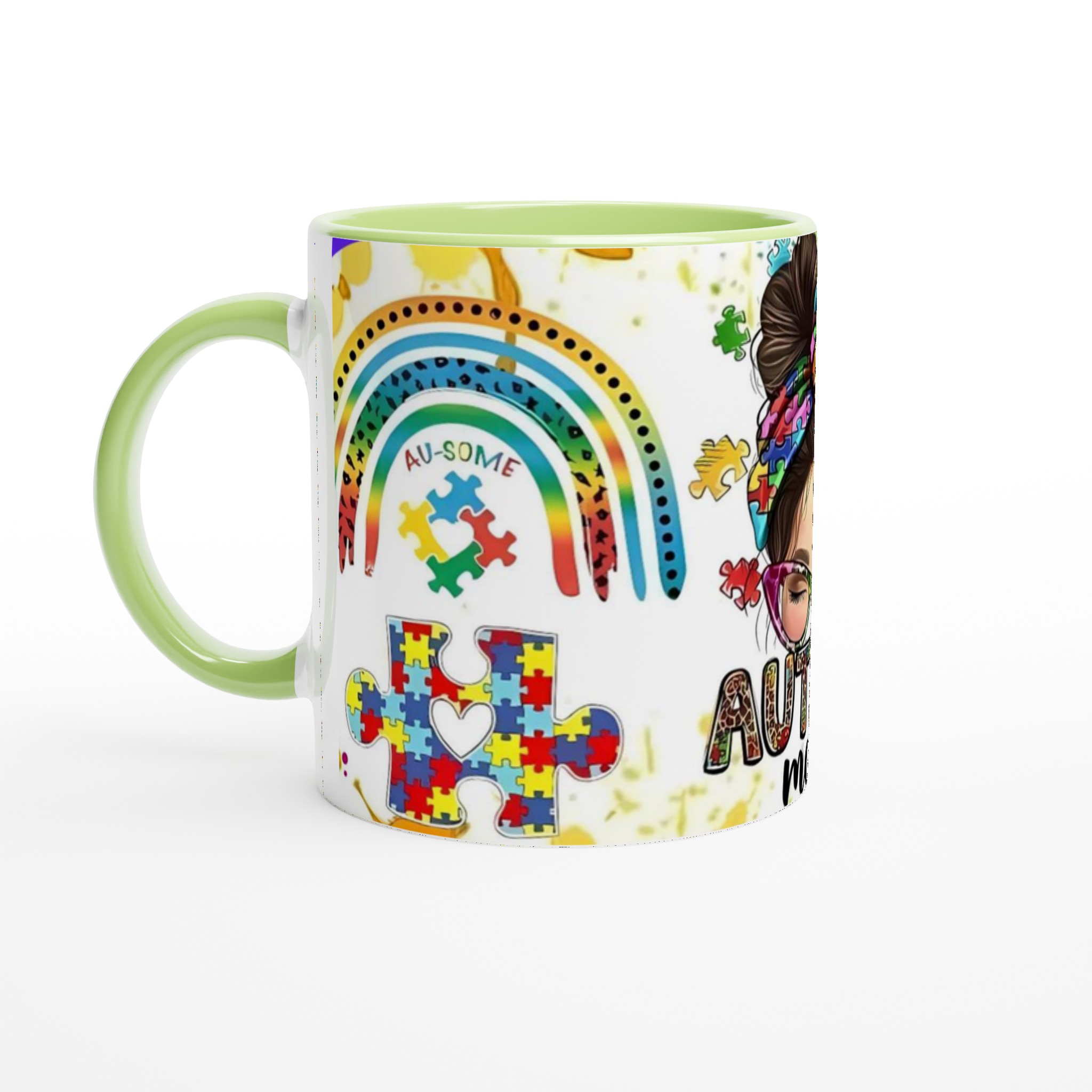Vit 11oz keramisk mugg med färgstark Autism Mom-design – välj bland sju livfulla keramiska färger 7 d868f5b6-df58-45e7-bacf-cf6f680655a0