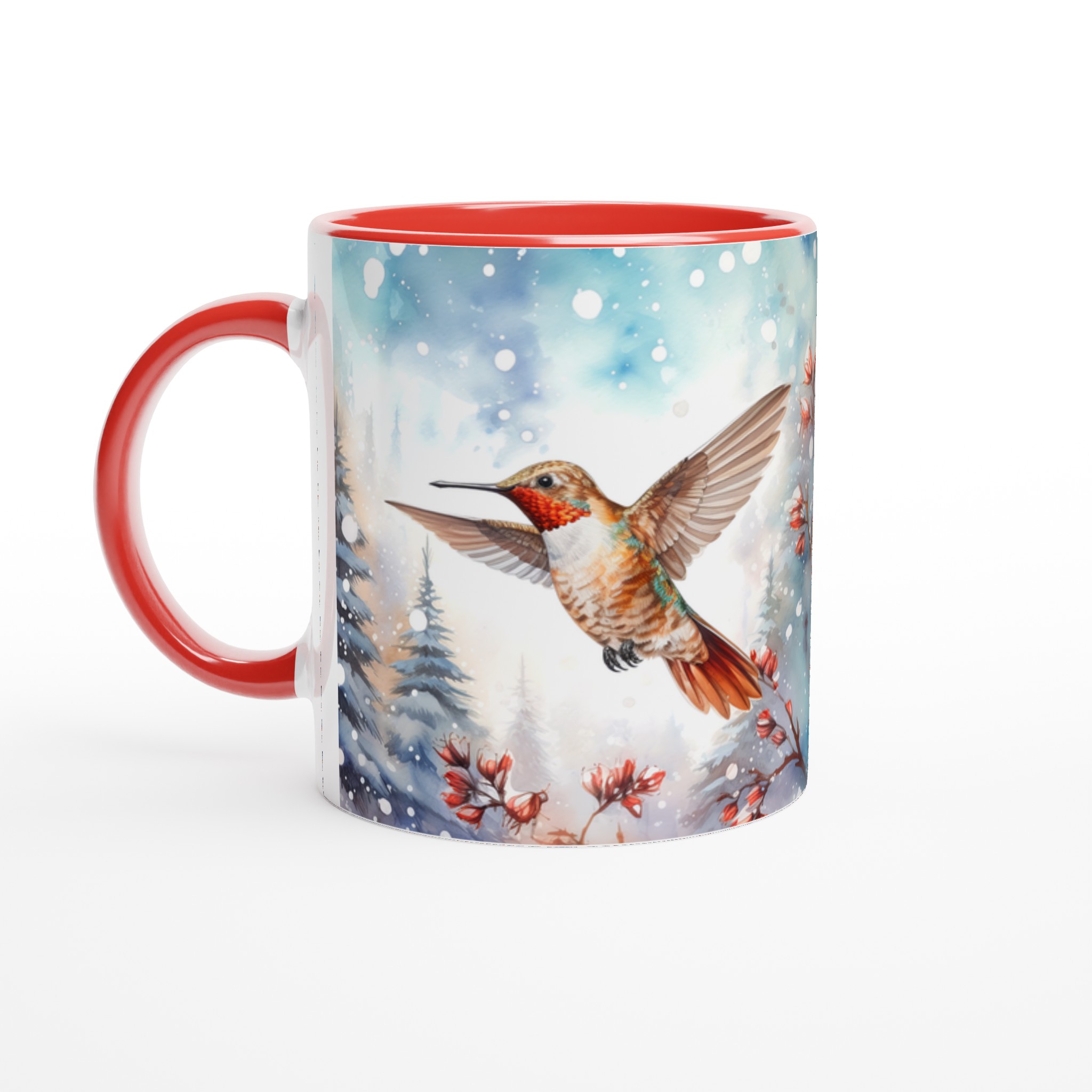 Vit 11oz keramisk mugg med vinterinspirerad kolibri och blomma - välj din favoritfärg 5 d8e0c46f-caf6-4140-bfc4-070438f15d87