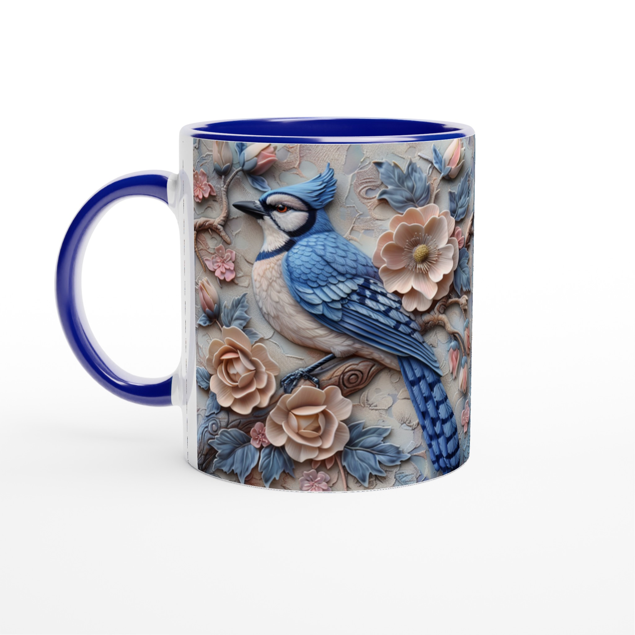 Vit 11oz keramisk mugg med elegant blåskrikfågel och blomsterdesign i mjuka pasteller 2 d8e875db-db5a-48c1-8d46-6ea068bafcc1