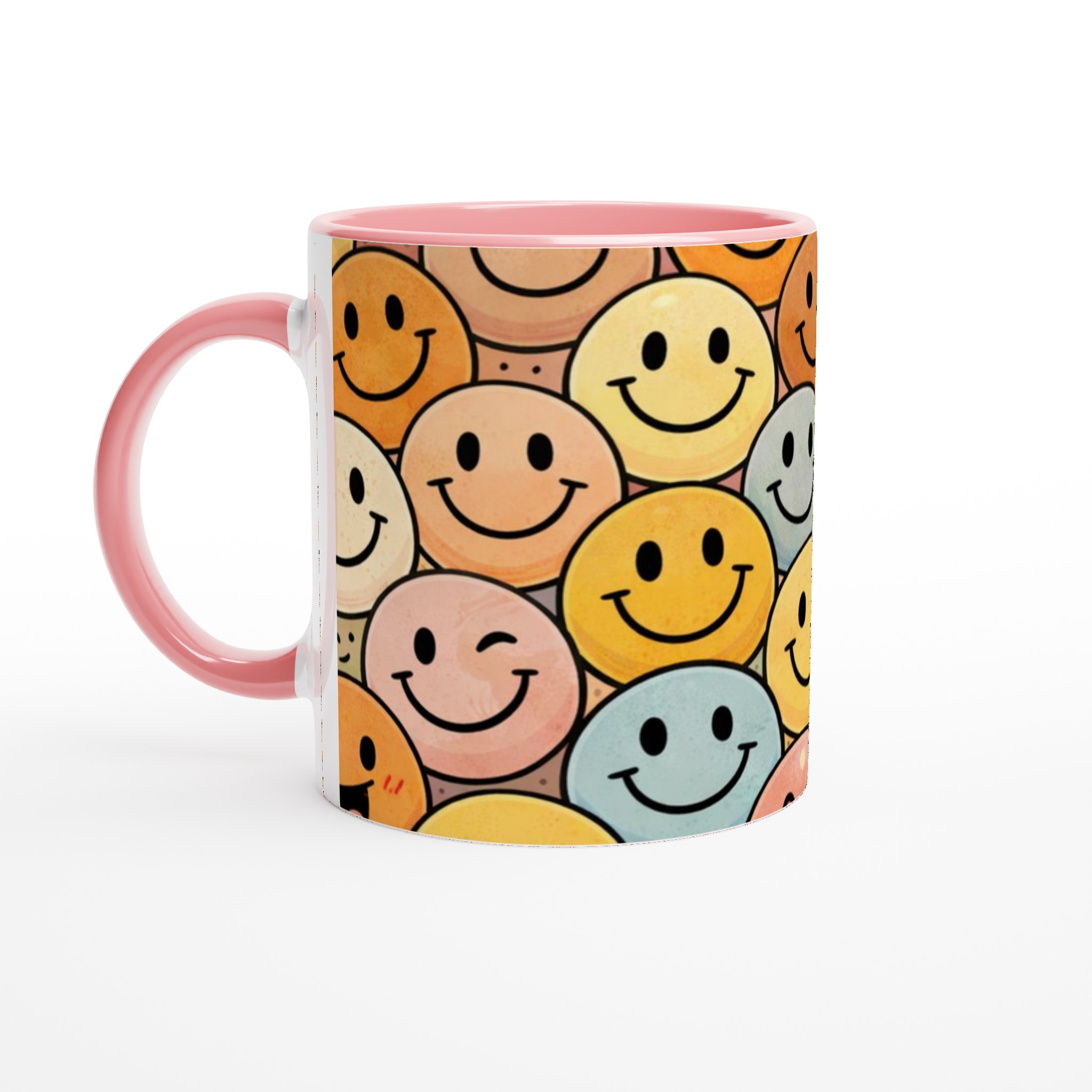 Vit 11oz keramisk mugg med lekfulla smileys i varma pastellfärger – välj din favoritfärg 6 d8f7ef5f-2b89-4bc0-b0fd-22ba28897b6f