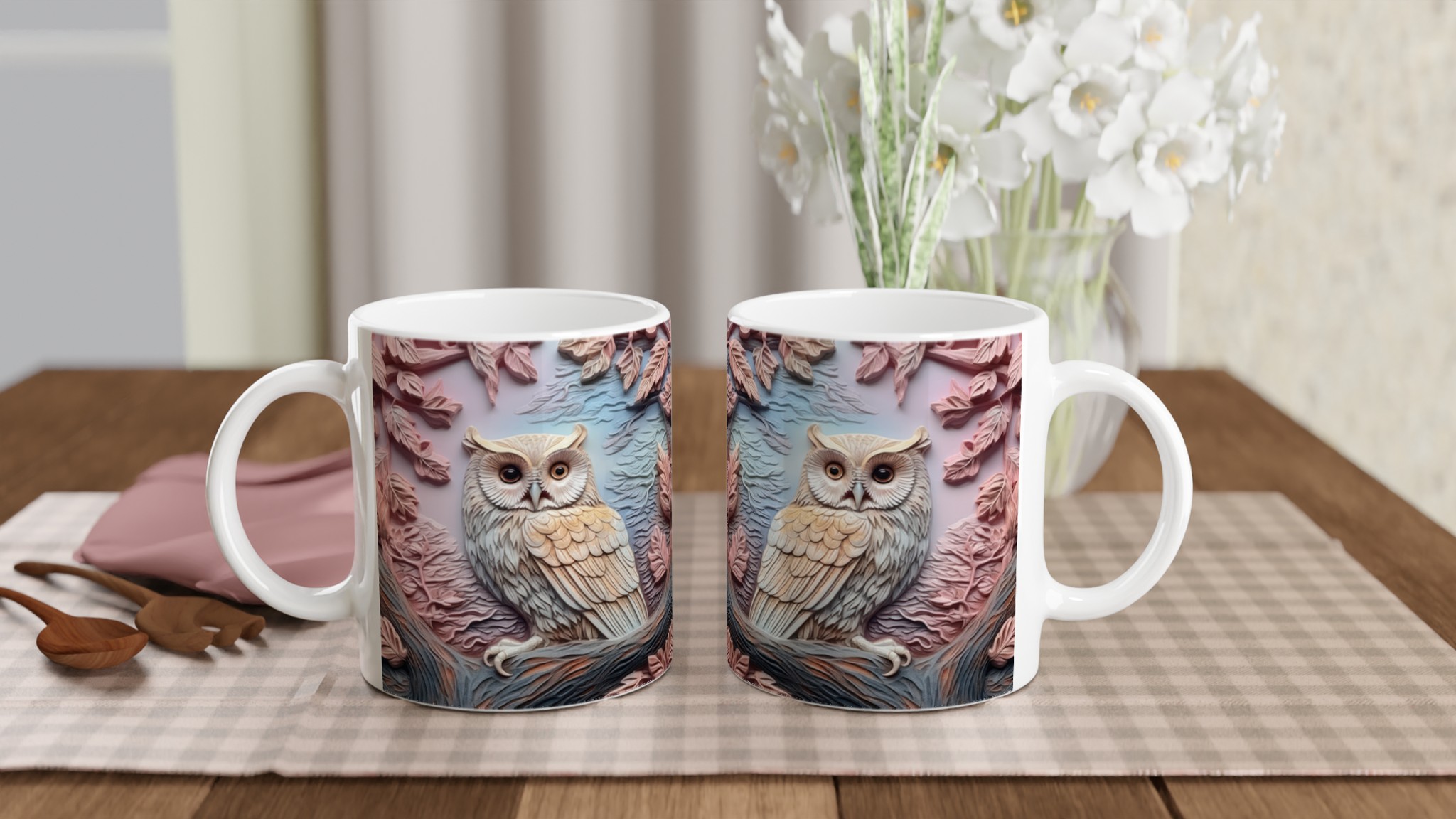 Vit 11oz keramisk mugg med elegant ugglemotiv i dämpade pastelltoner – välj din favoritfärg 10 d920bba2-93e0-4209-bfe6-489d6448e482