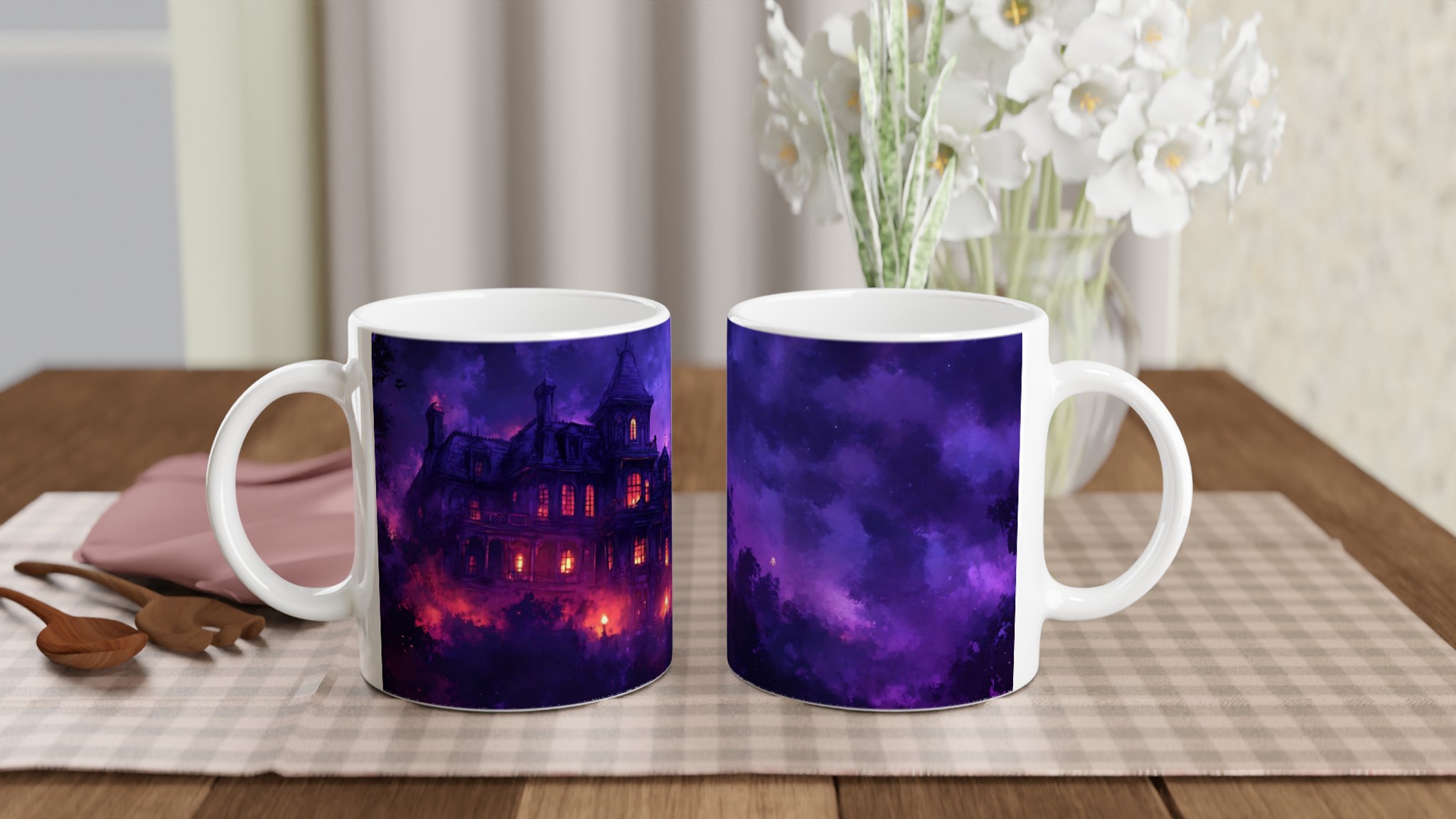 Vit 11oz keramisk mugg med mystisk gothisk slottsillustration – välj bland sju färgsprakande keramiknyanser 10 d9754094-ad9a-40e6-b9ba-0c945f860686