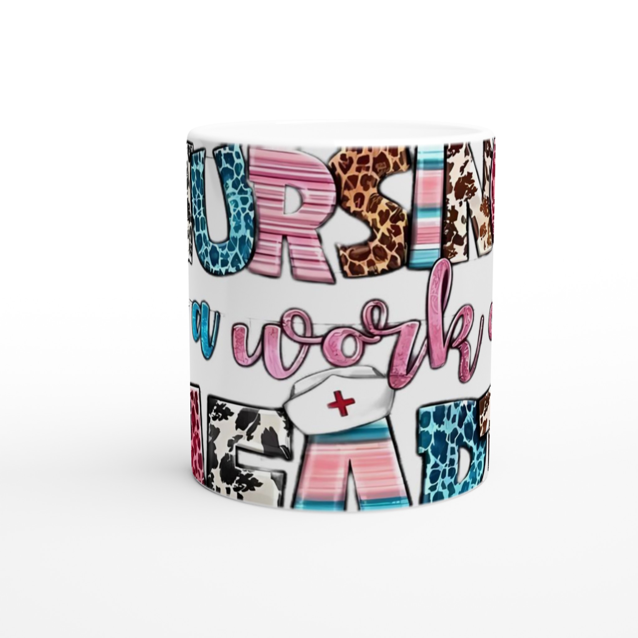 Vit 11oz keramisk mugg med livfull 'Nursing is a Work of Heart'-design i flera färgstarka varianter 8 d975c27d-1dc9-4d12-b7a7-b883685de9a6