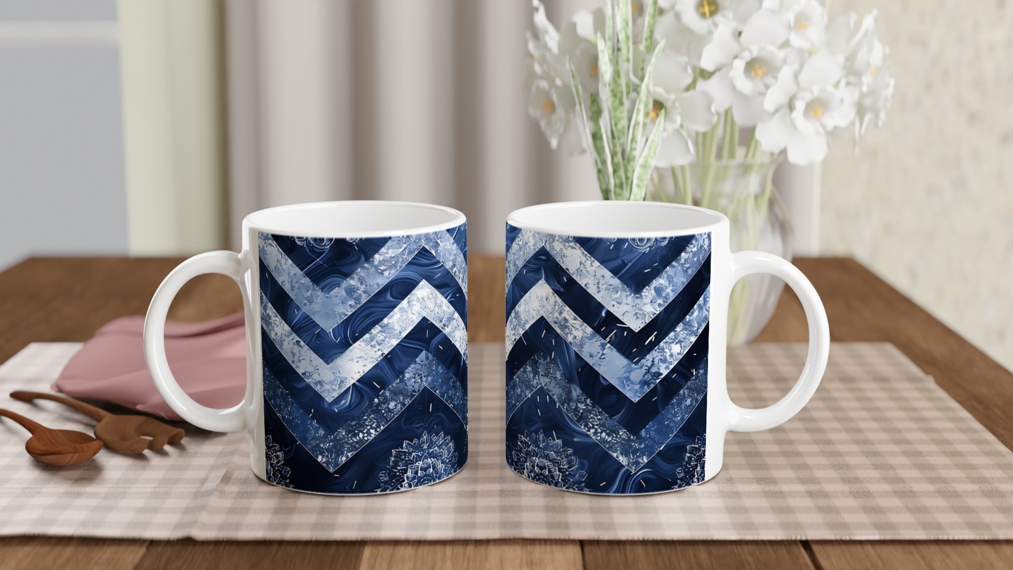 Vit 11oz keramisk mugg med stilren blå zigzag och mandalamönster – välj bland sju färgstarka keramiknyanser 10 da50b62a-23b3-4ef2-8688-d347e47f1ba8