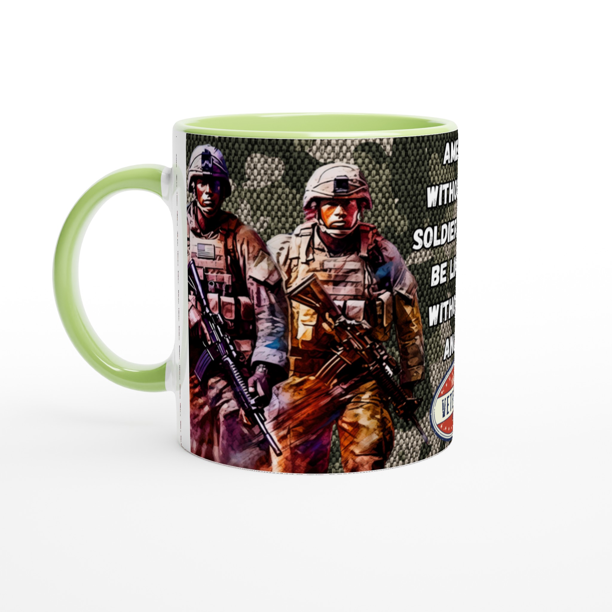 Vit 11oz keramisk mugg med patriotisk soldatmotiv – välj bland sju levande keramfärger 7 da781b44-6456-4261-8956-0320916e8c73