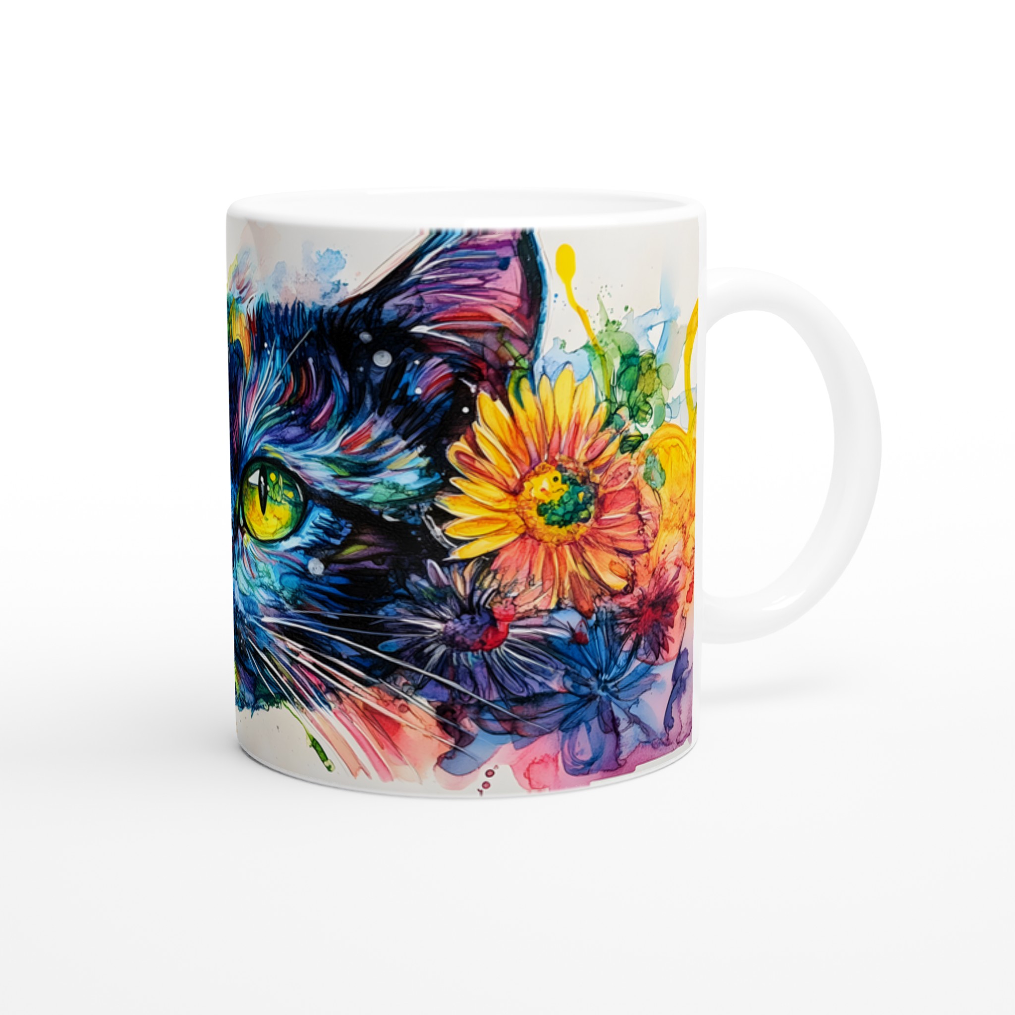 Vit 11oz keramisk mugg med färgstark katt och blomsterdesign i blå, gul och röd 9 dabaeb2b-6534-4173-b165-acdbb97eae17