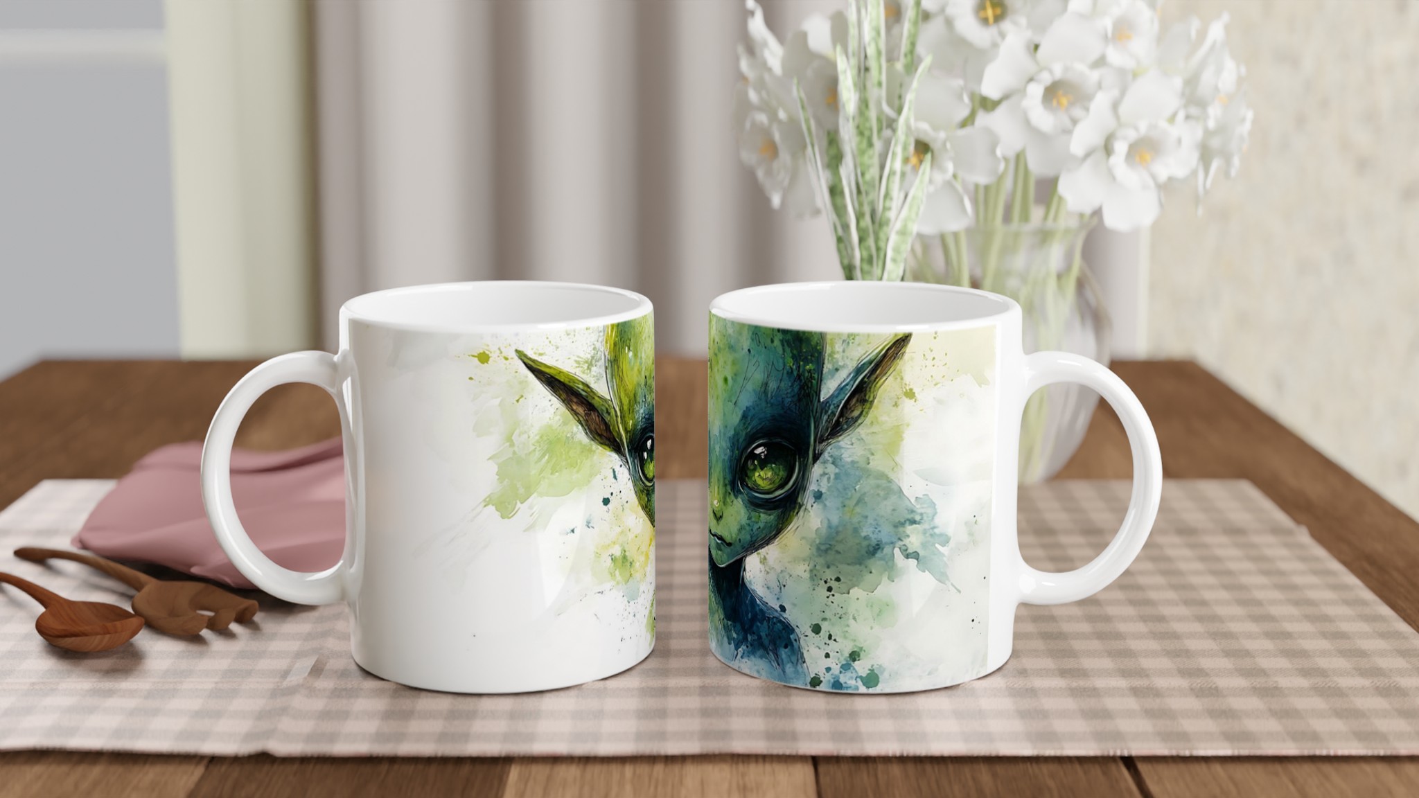 Mystisk Grön Alien Akvarell Mugg - 11oz Keramikmugg för Fantasifulla Dryckesstunder 10 daebf263-ad25-45d5-9b79-a4a39d173fb5