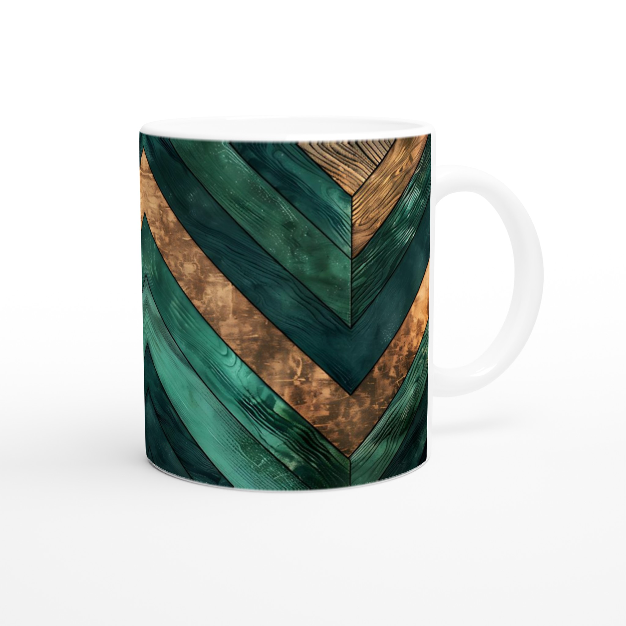Vit 11oz keramisk mugg med geometriskt mönster i djupt grönt och koppartoner 9 db13f288-bf6d-4319-a7e8-a044e8e81c86