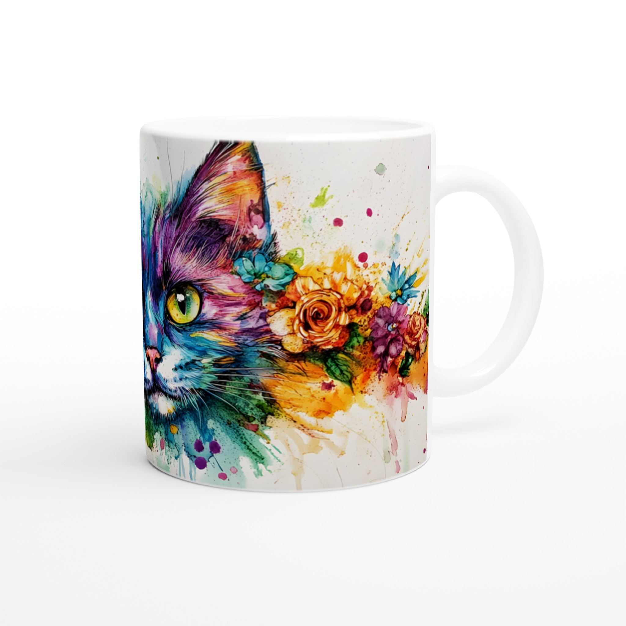 Färgsprakande Kattkonst Mugg - Unik Akvarell & Blomsterdesign - 11oz Premium Keramikmugg i Valfri Färg 9 db3e35b1-2d00-4edf-9560-393e878f1479