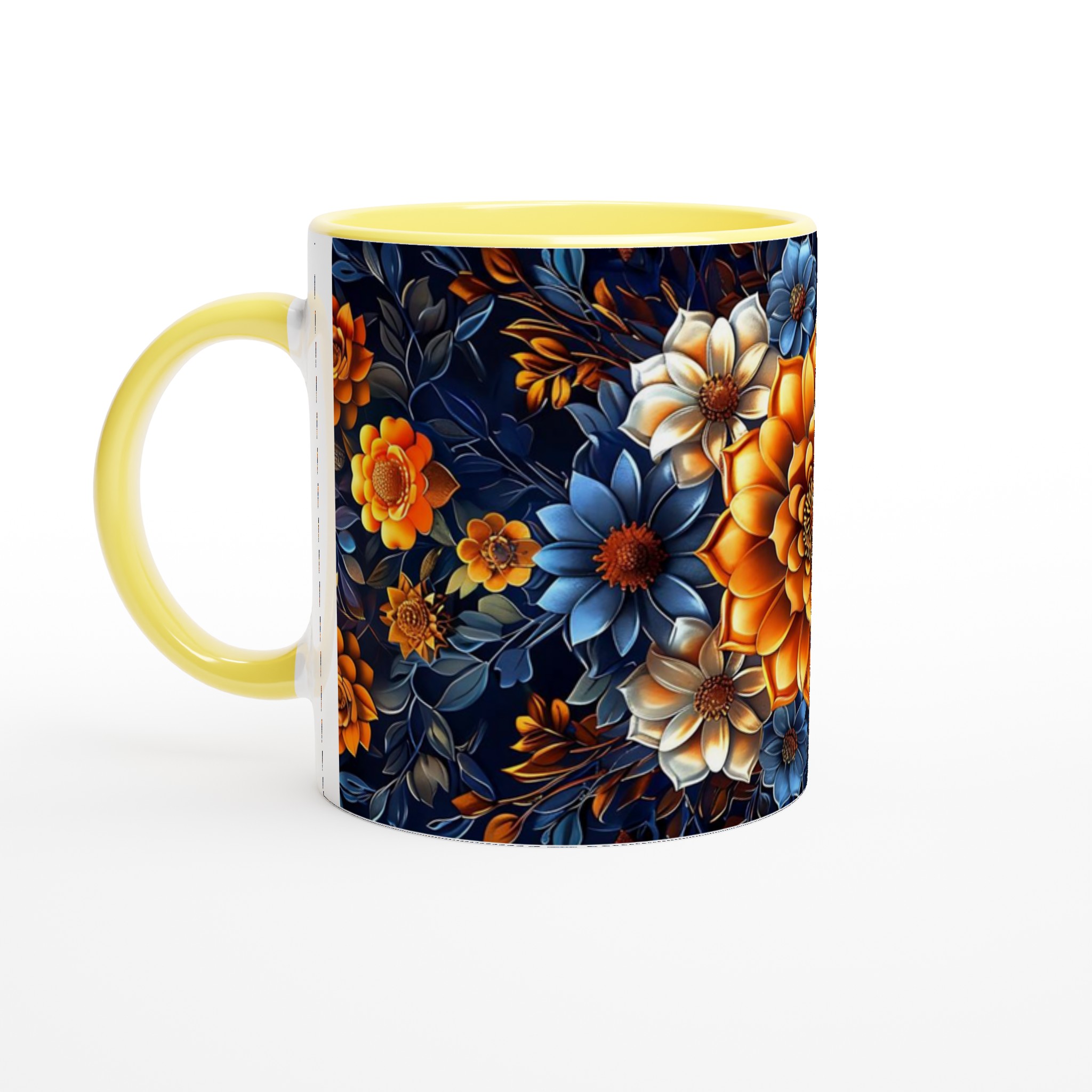 Lyxig Blomstermugg 11oz – Eleganta Orange, Blå & Vita Blommor på Mörk Bakgrund 3 db50f4fc-36d2-40d3-8eb9-4d71b52cf37f