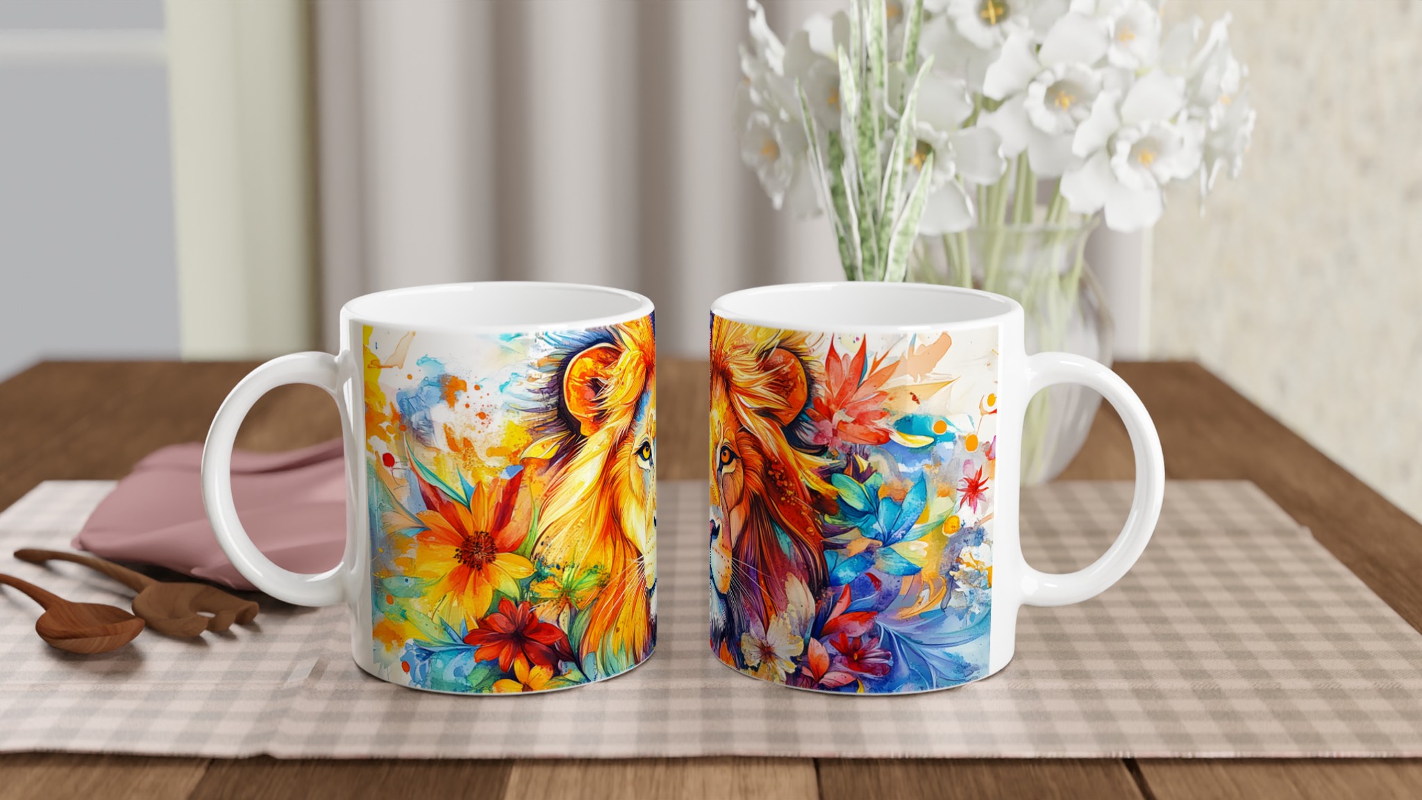 Vit 11oz keramisk mugg med levande lejonmotif i ditt val av sju färgstarka nyanser 10 dbd5f84f-fc33-4e17-b487-51c93a41aae7
