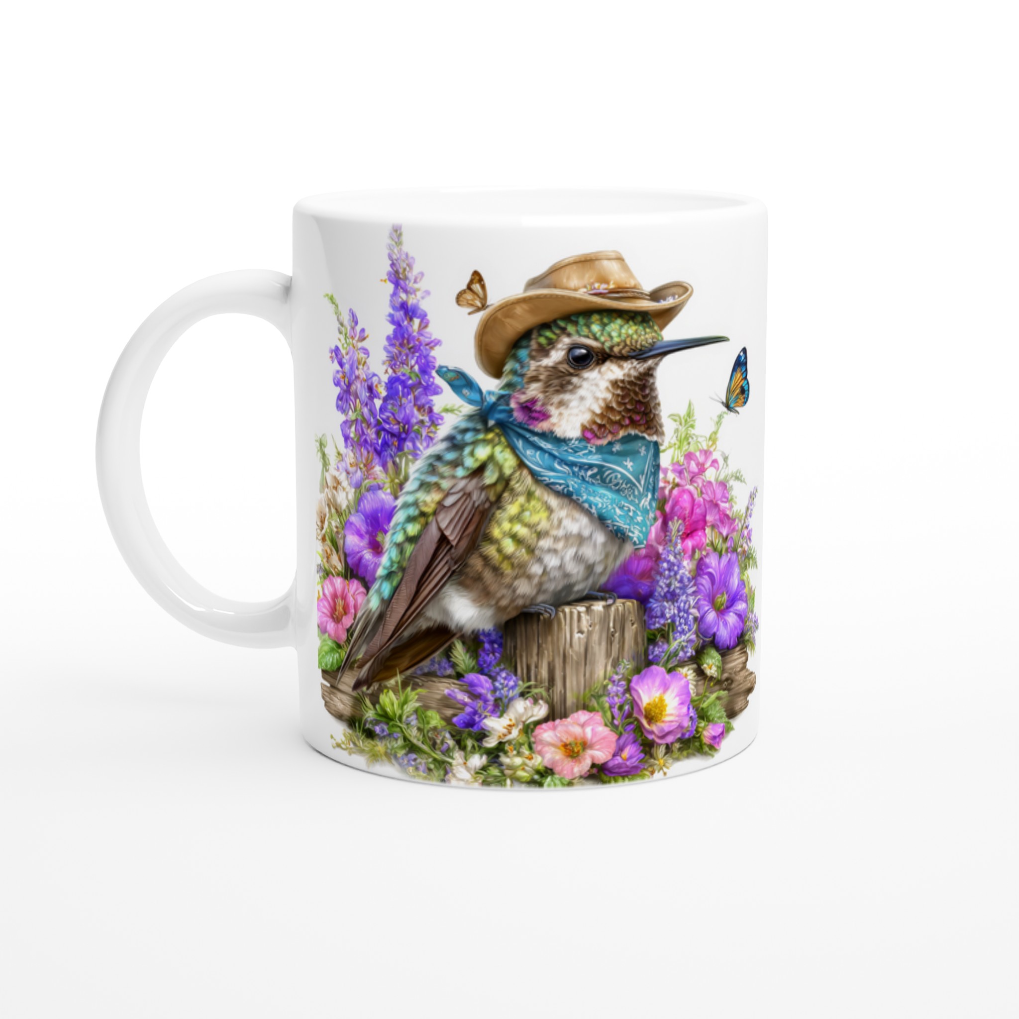 Vit 11oz keramisk mugg med färgstark kolibri i cowboyhatt – välj bland sju livfulla keramikkulörer 1 dc30ecbb-b1b9-44e8-8c38-aa7af48821f9