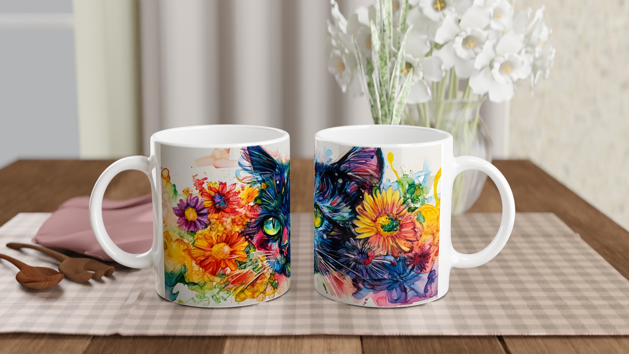 Vit 11oz keramisk mugg med färgstark katt och blomsterdesign i blå, gul och röd 10 dd9d3c3d-38bd-49cc-be16-b16ee5d3d6e4