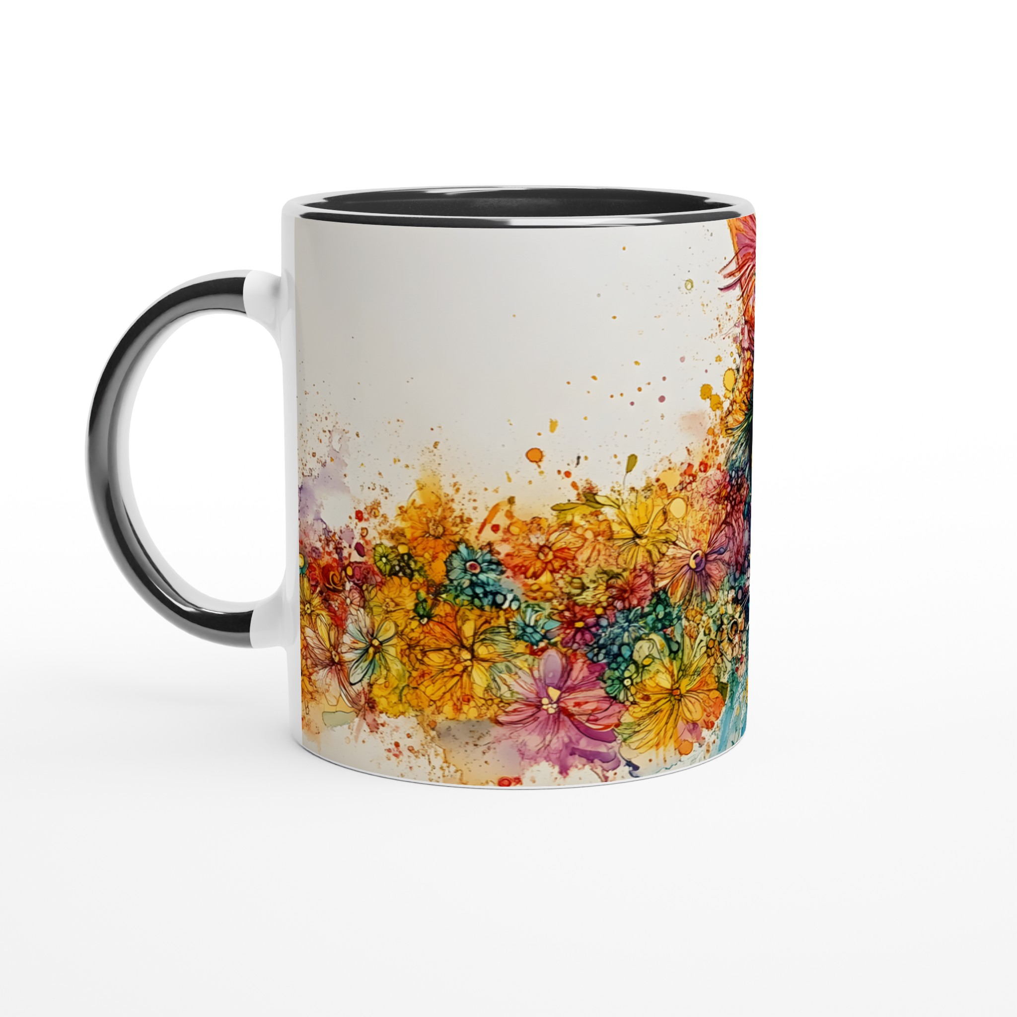 Vit 11oz keramisk mugg med färgstarkt blomstrande kattmotiv – välj din färgstil 4 de30b5f3-31d6-4fa5-9ef1-b8f91a4f2b47