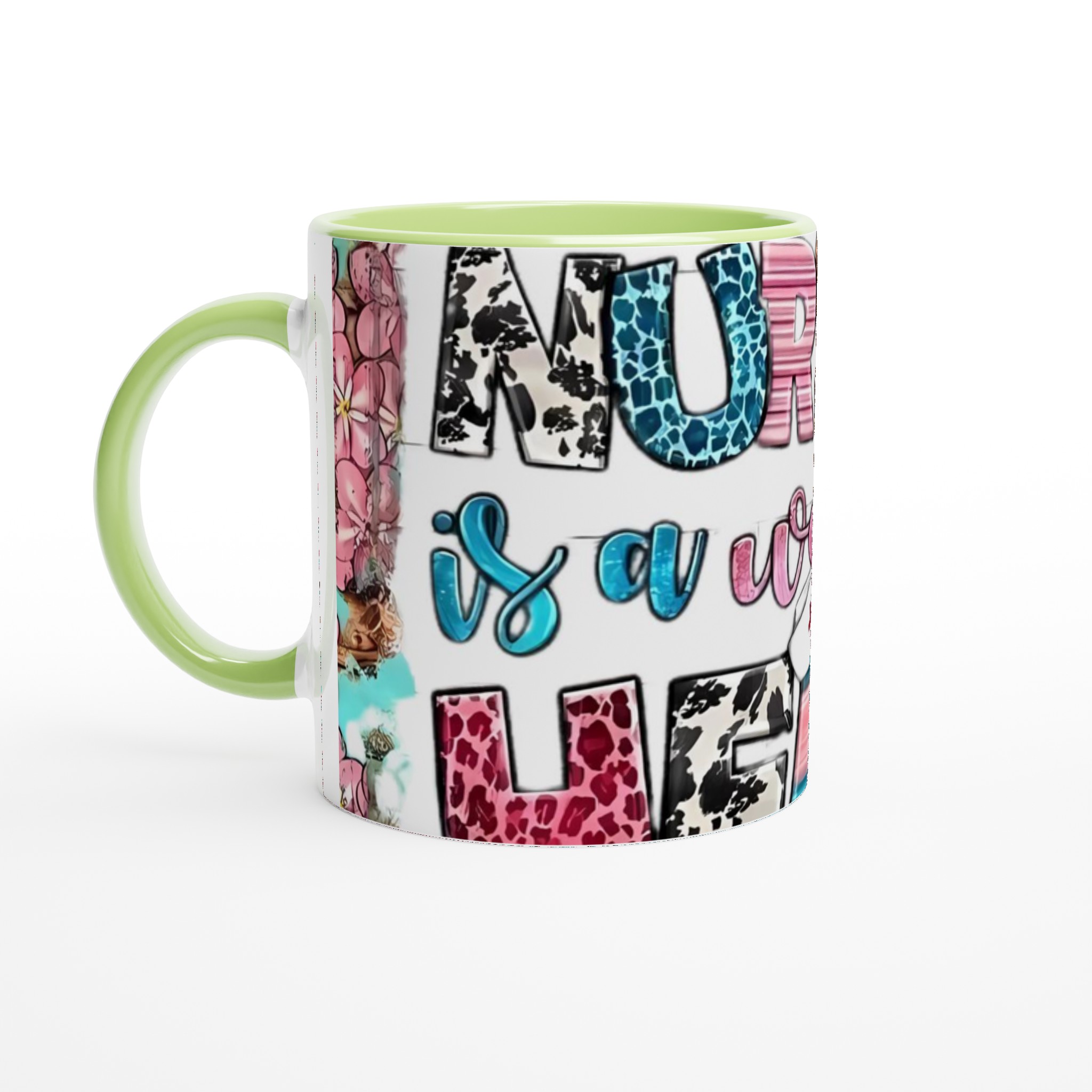 Vit 11oz keramisk mugg med livfull 'Nursing is a Work of Heart'-design i flera färgstarka varianter 7 de5f8da0-e77c-4419-b6f3-e5b3353bc470