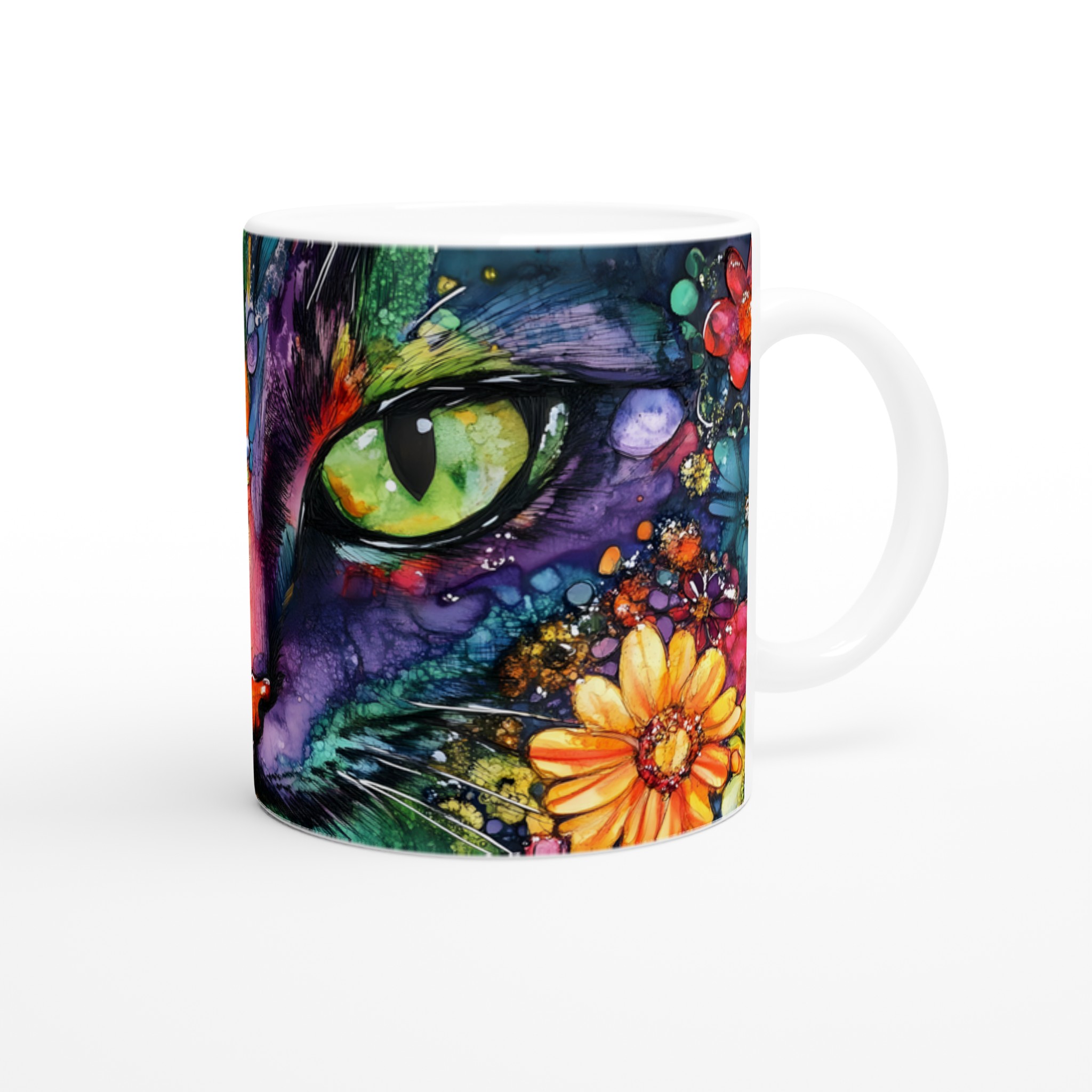 Vit 11oz keramisk mugg med färgstarkt kattmotiv – välj din favoritfärg för personlig stil 9 de9a0747-b5fd-4eab-8d10-6ce922bdb1ab