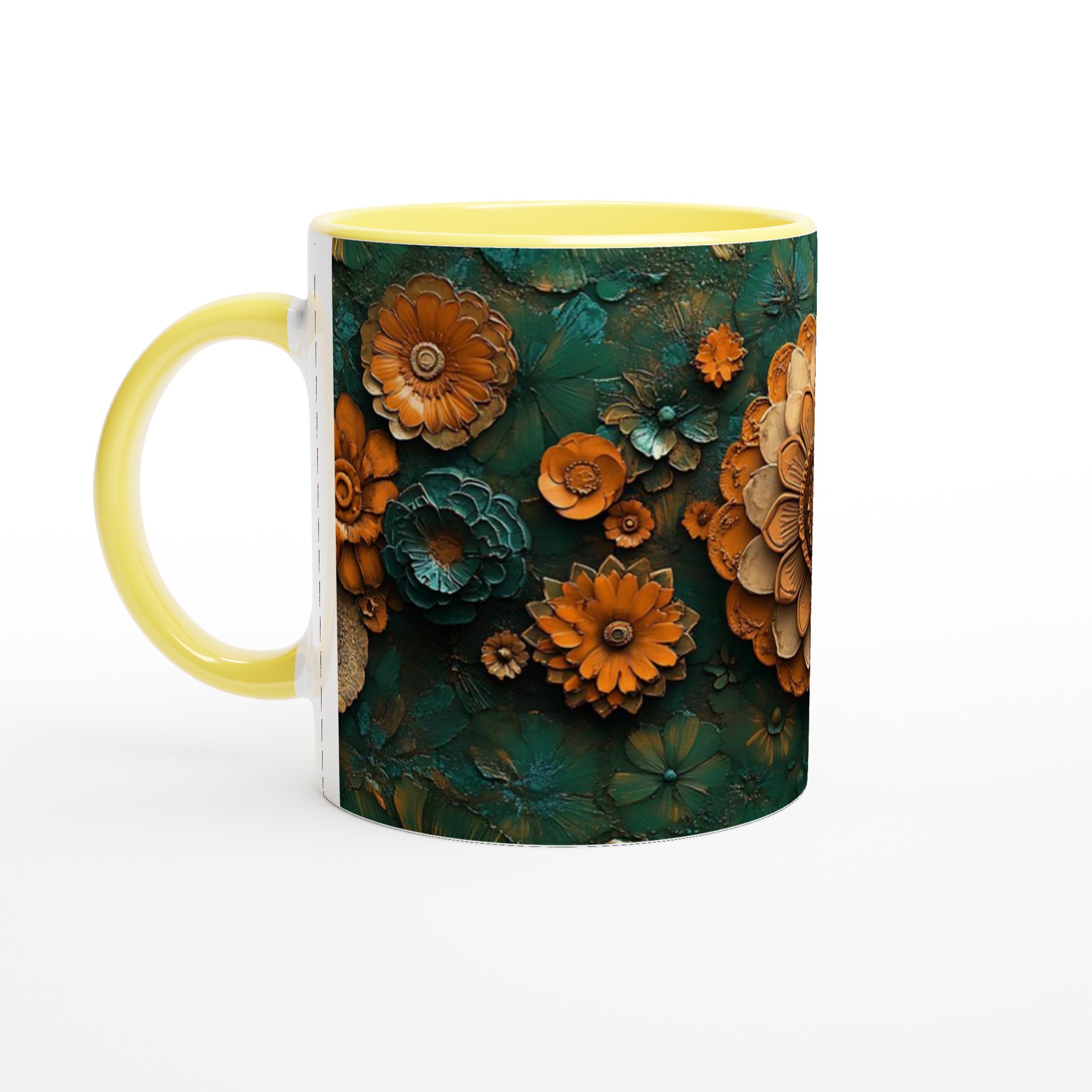 Mönstrad 11oz Keramisk Mugg - Blommönster i Bränd Orange och Teal 3 dec14004-4af2-409f-877a-a6577dc67e1a