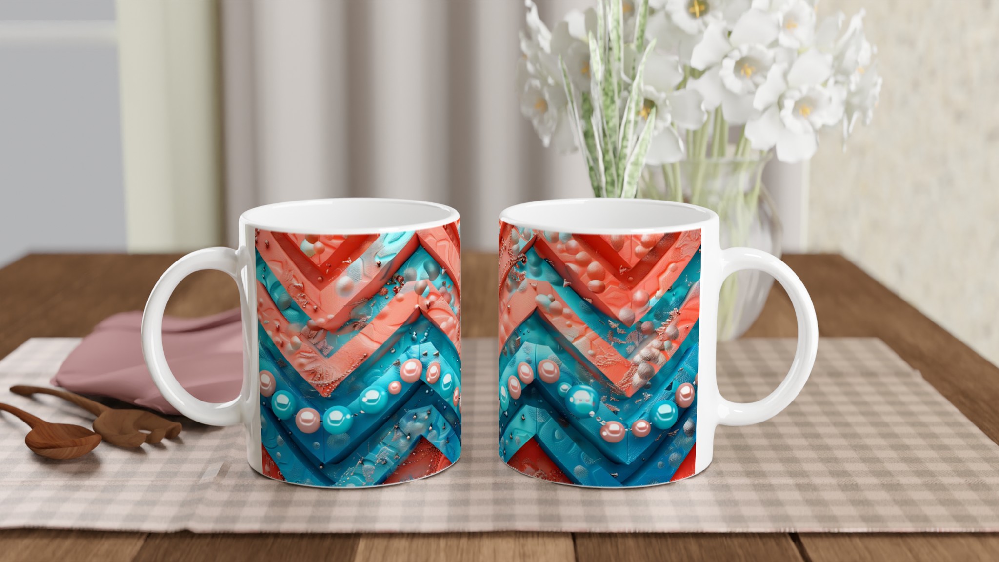 Vit 11oz keramisk mugg med livfullt abstrakt mönster i blått och korall – välj din favoritfärg 10 df07c0f3-d398-4d41-a514-0edf8ca08054