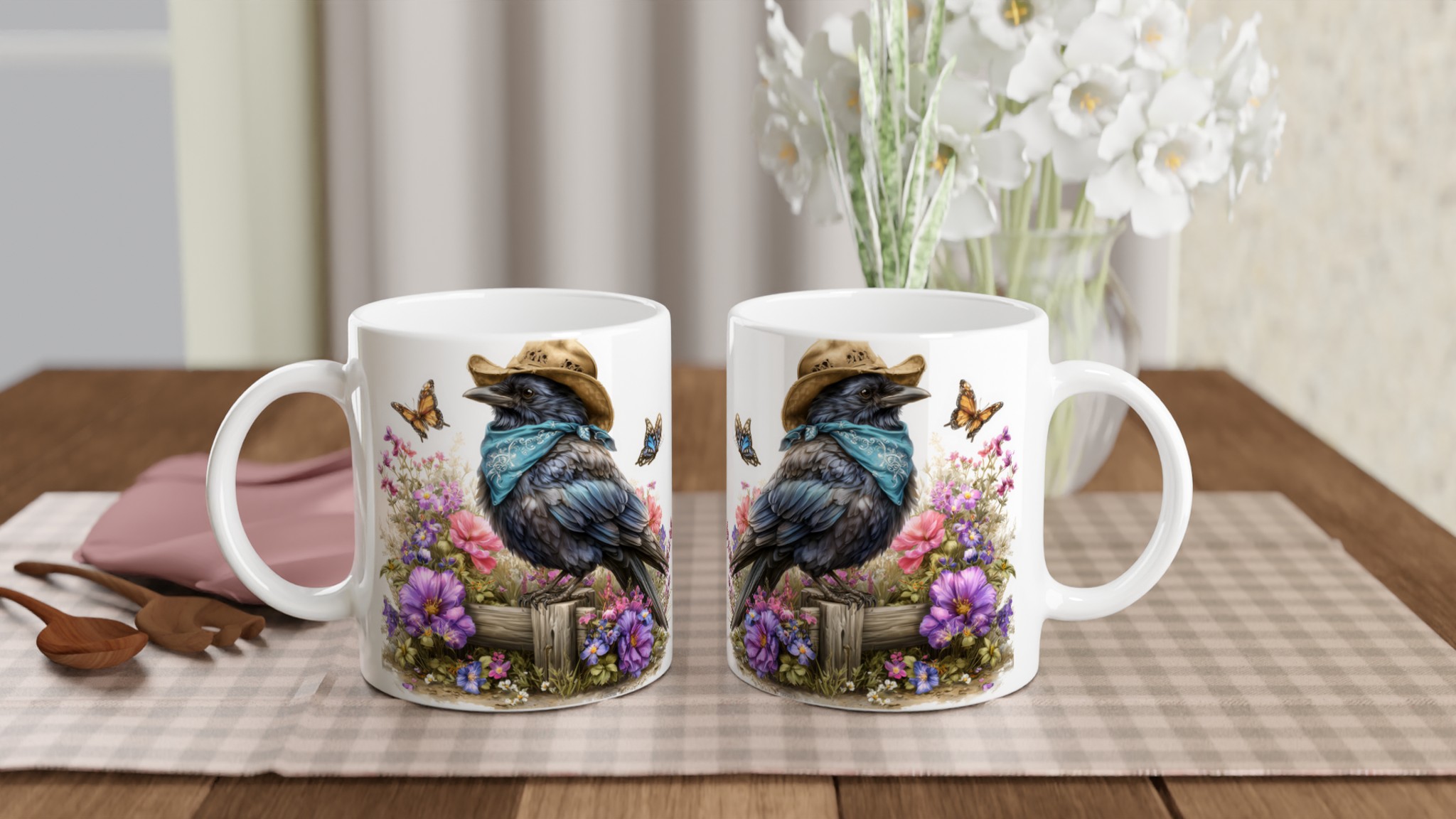 Vit 11oz keramisk mugg med charmig korp i hatt och blomsterprakt – välj din favoritfärg 11 df220953-f8ed-4966-ac40-757f97d681f3