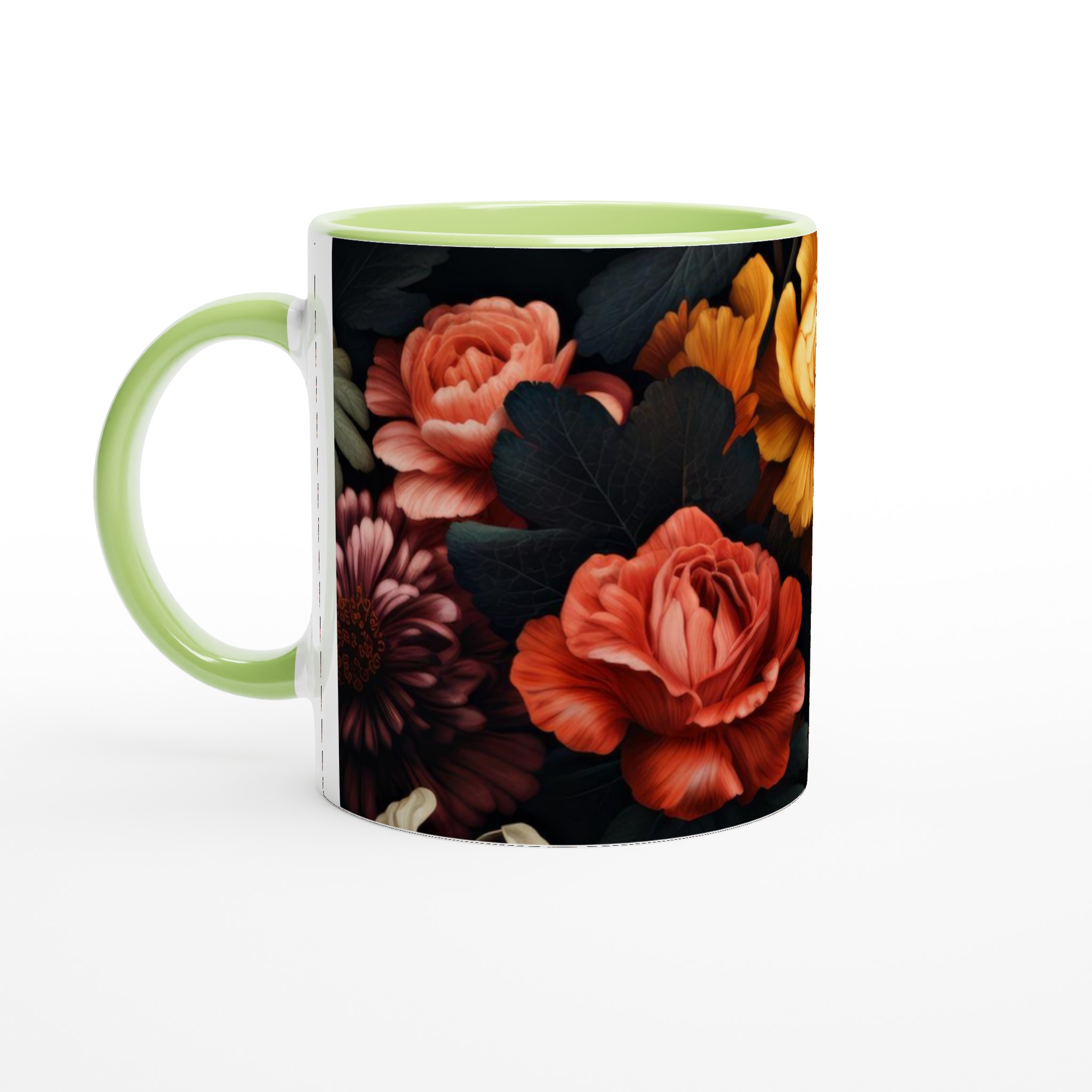 Vit 11oz keramisk mugg med djärva, blomsterinspirerade färger i din valda kulör 7 df7e2836-9e5d-4574-84a8-bff376b85c1c