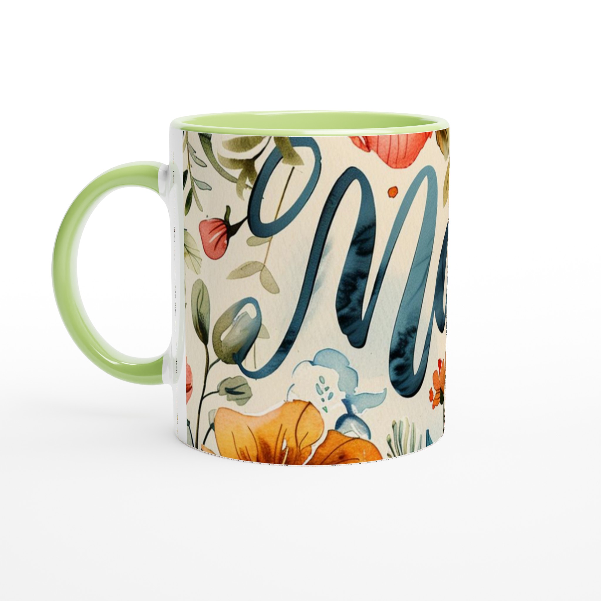 Vit 11oz keramisk mugg med elegant blomsterdesign och personlig touch i sju färgstarka nyanser 7 e1b7820e-a0aa-404a-a3e2-3a6a43fdd057