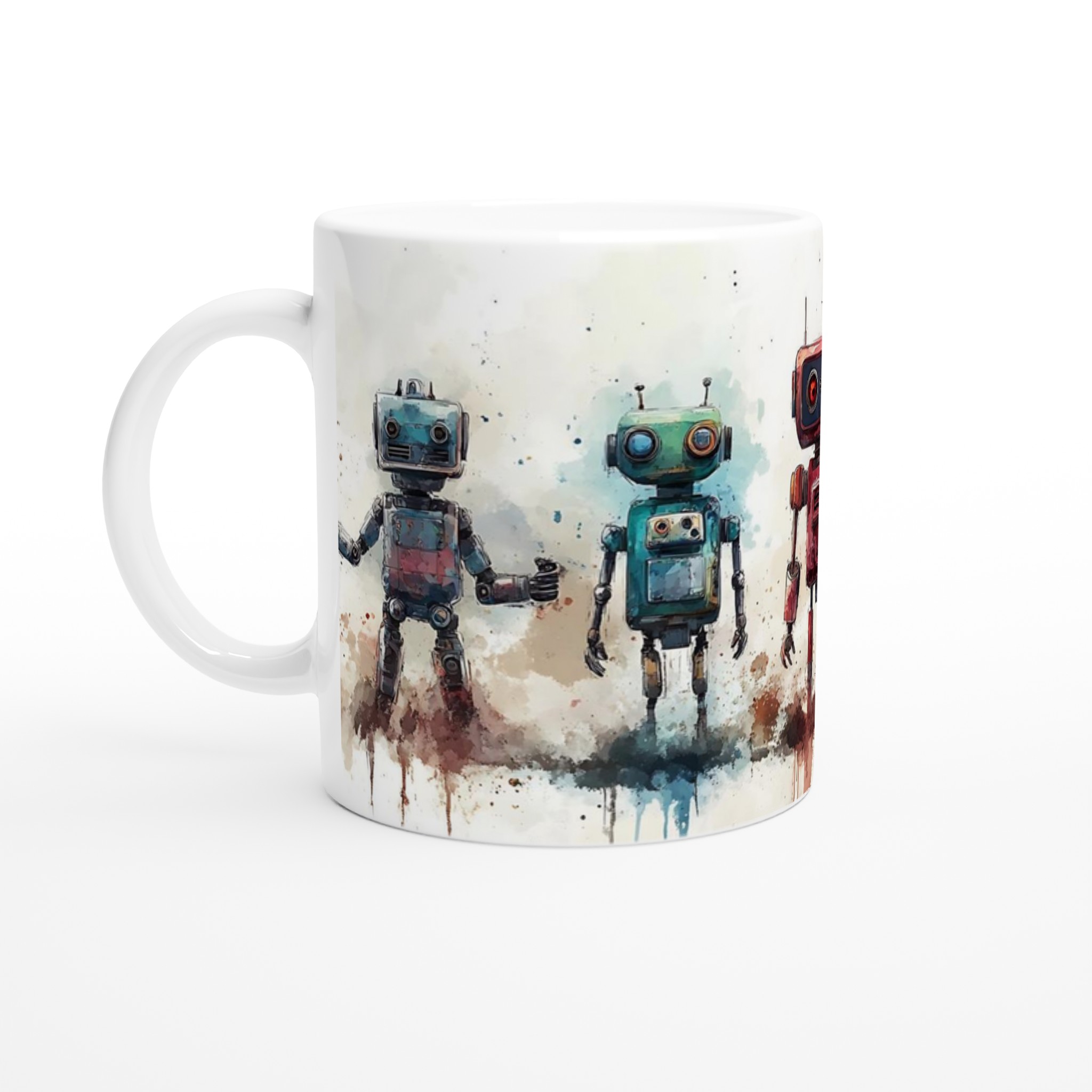 Retro Robot Vänner 11oz Keramikmugg – Konstnärlig Akvarell Design i Flera Färger 1 e1bf7e36-f52b-431f-aa37-b69e389b808b