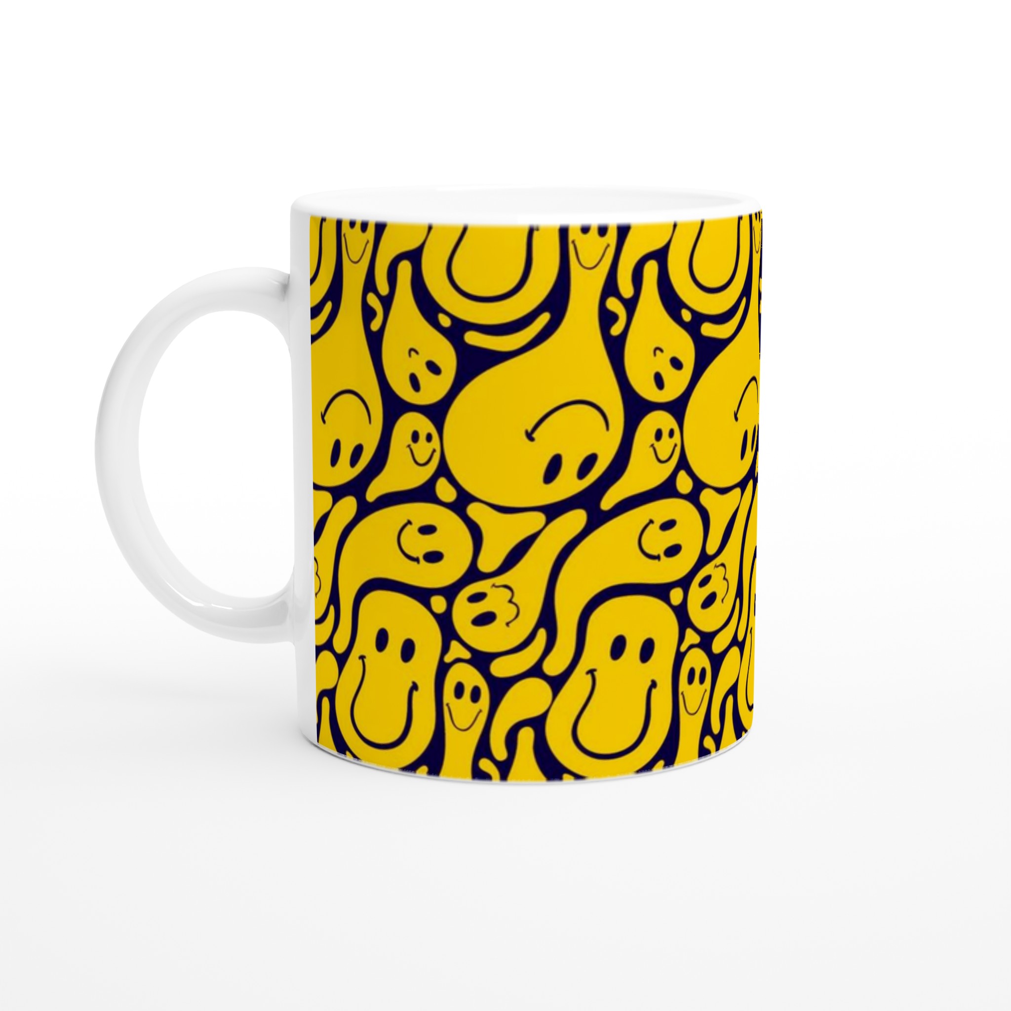 Vit 11oz keramisk mugg med lekfulla gula smileys – välj bland sju livfulla färger 1 e2909f84-db1a-48e1-b77d-637a104a5c97