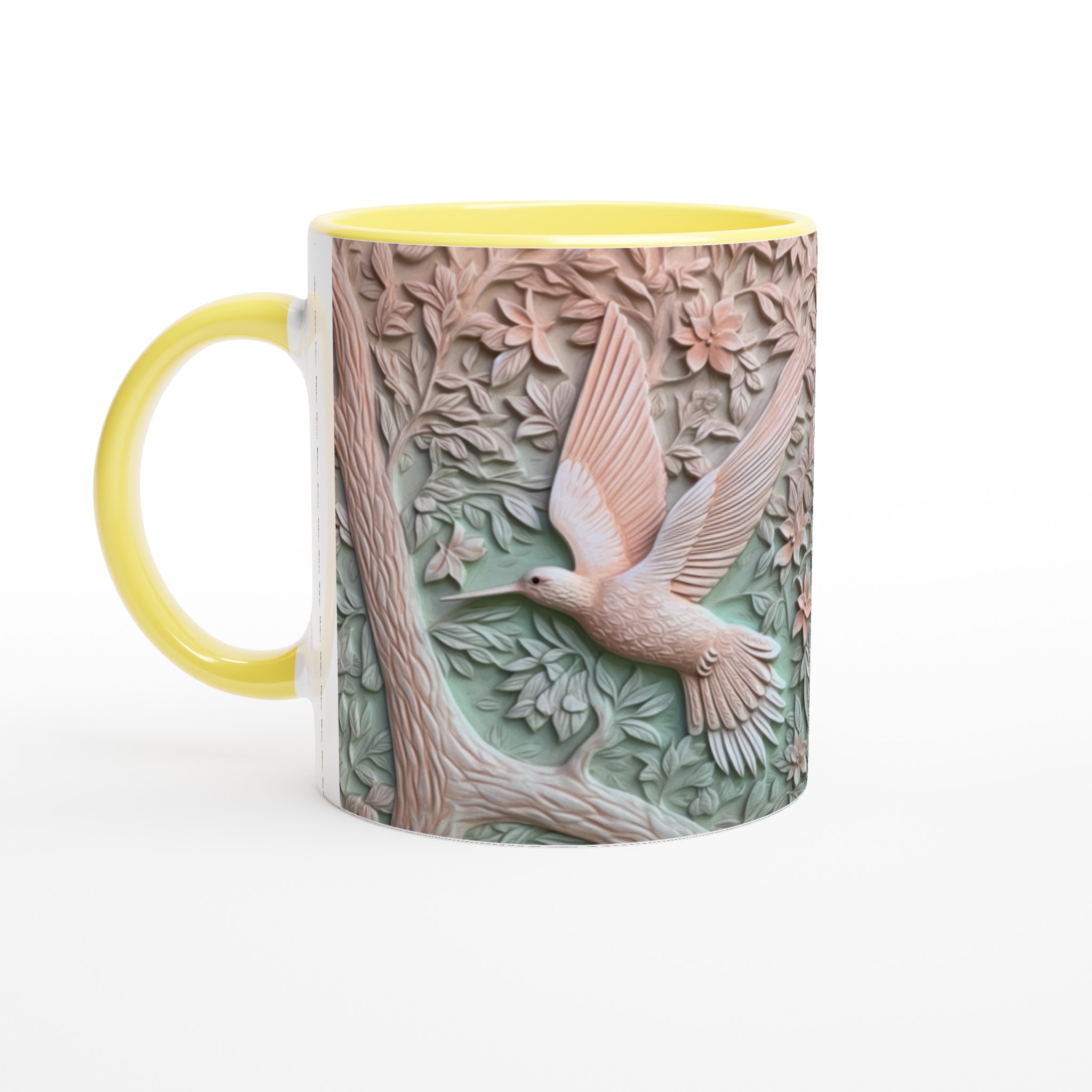 Vit 11oz keramisk mugg med elegant kolibri- och blommönster i mjuka pastellnyanser 3 e2dc2815-560e-43b0-9684-2ded5cc50dd8