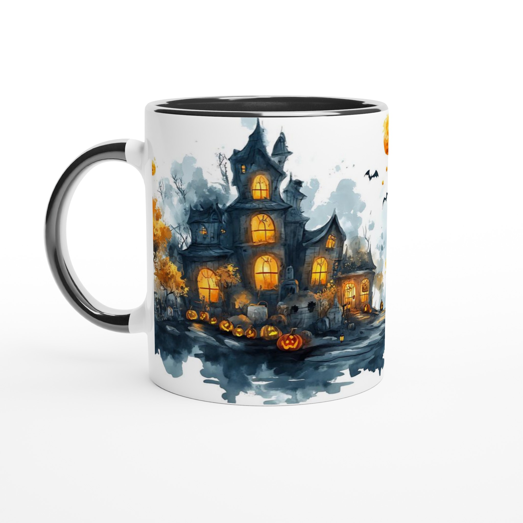 Spooky Halloween Haunted House Mugg - Akvarellstil med Lysande Pumpor och Fladdermöss 4 e32d3970-070d-46b2-b8fa-8ab9e1bd4771