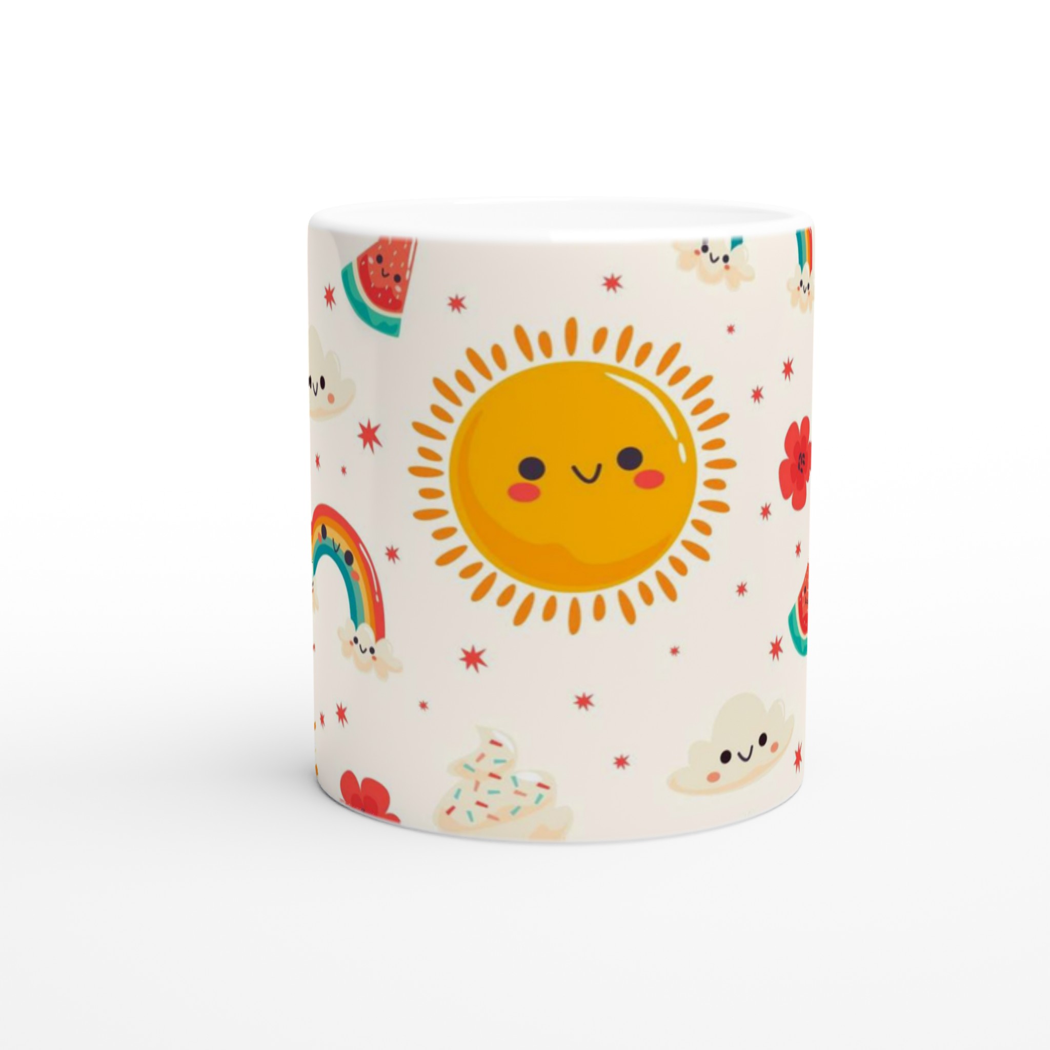 Glad Sommar Mugg – 11oz Keramikmugg med Kawaii Sol, Regnbågar och Glass – Välj bland 7 Livliga Färger! 8 e4266f46-73c9-4223-9749-500b8f54be11