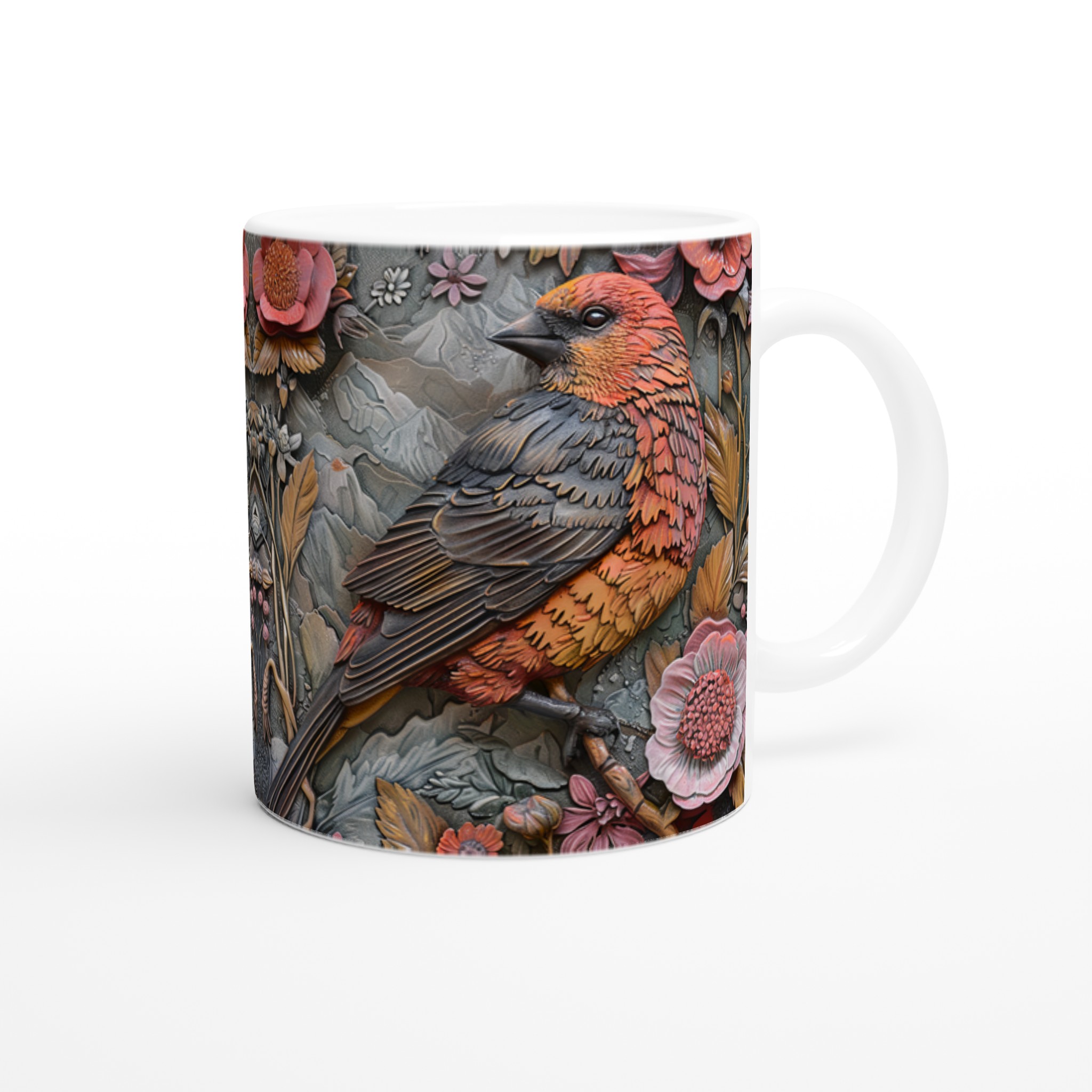 Vit 11oz keramisk mugg med elegant fågel- och blommotiv – välj bland sju charmiga färger 9 e488e10b-daf3-4f38-ac3f-11ede0bd0700