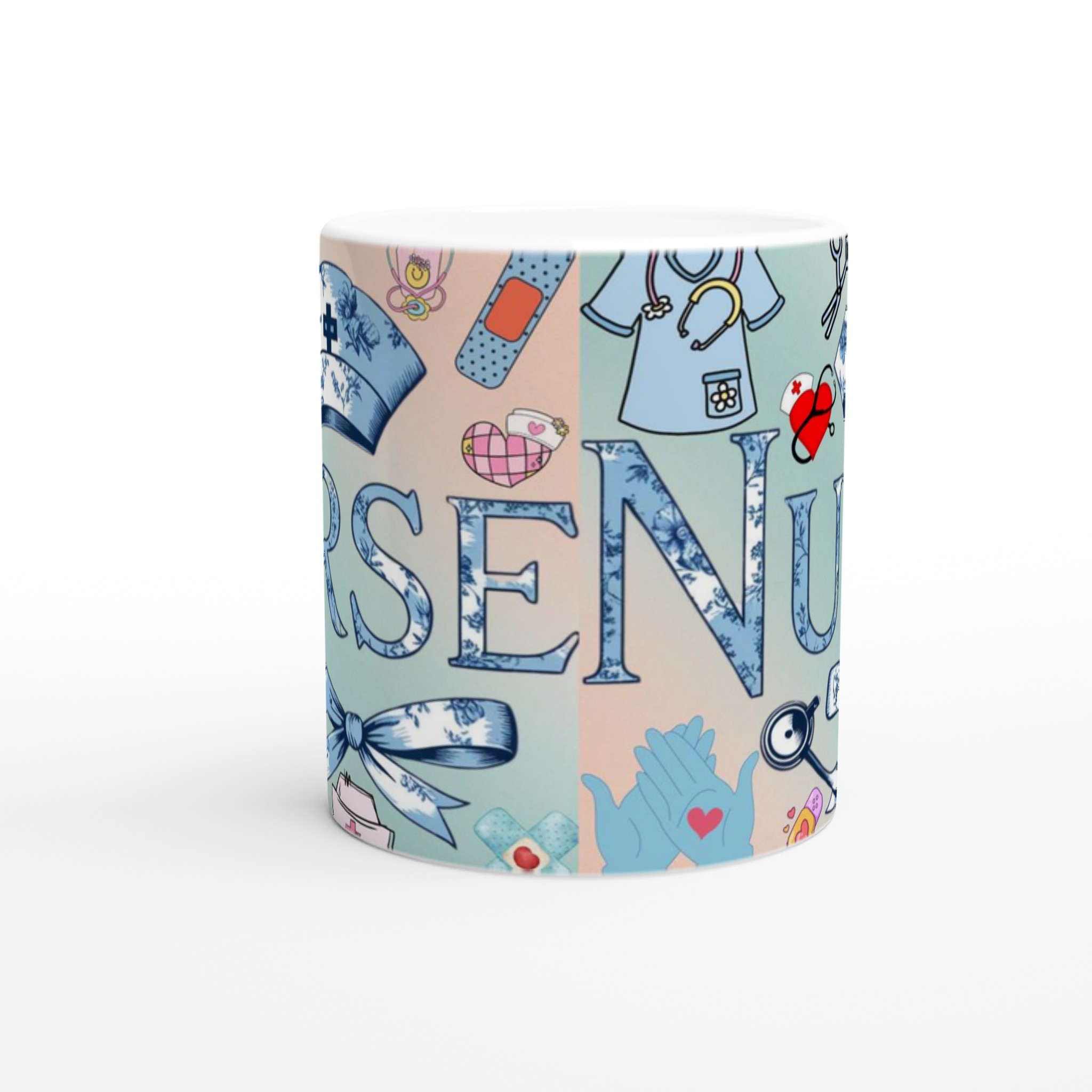 Vit 11oz keramisk mugg med vintage sjuksköterskedetaljer i mjuka blå nyanser 8 e4e3b038-db04-424e-9875-cdbe98479d41