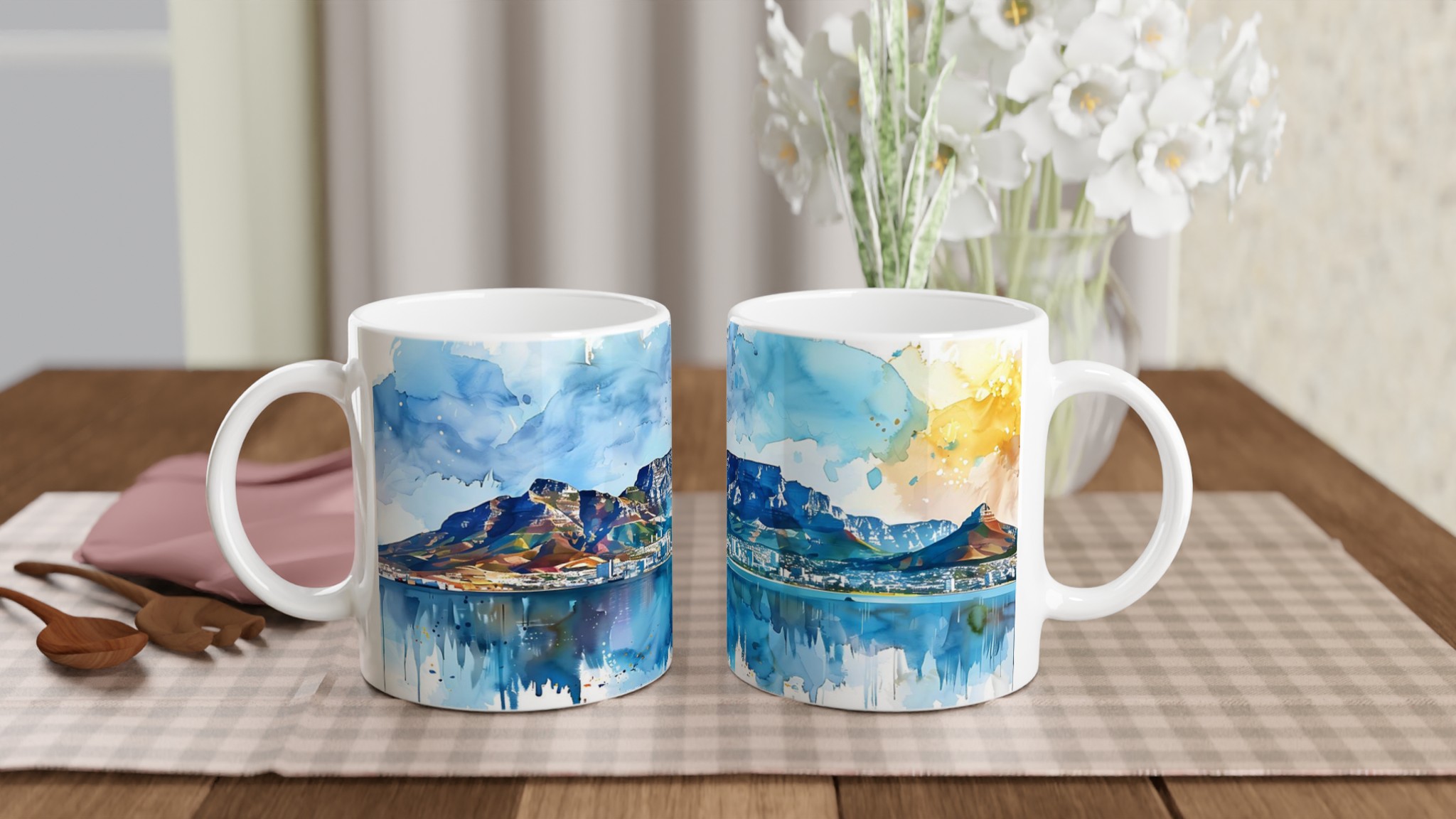 Akvarell Dröm - Kapstadens Berg och Stad vid Havet - Keramisk Mugg i Valfri Färg 10 e5d40694-fef6-459b-a8f8-321d933aa960