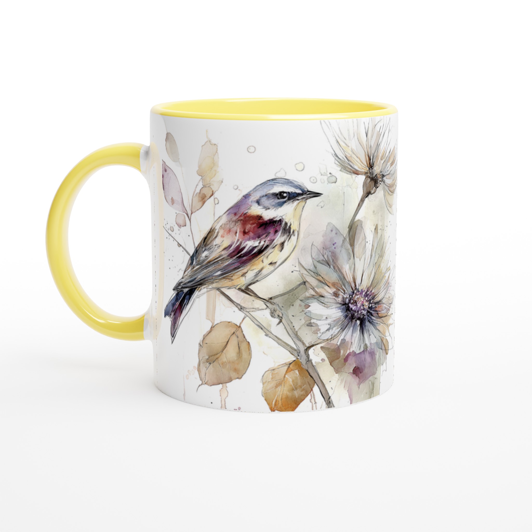 Vit 11oz keramisk mugg med elegant akvarellfågel och blommor – välj bland sju vackra färger 3 e64dc740-8ebc-400b-84f4-c528afc18f8a