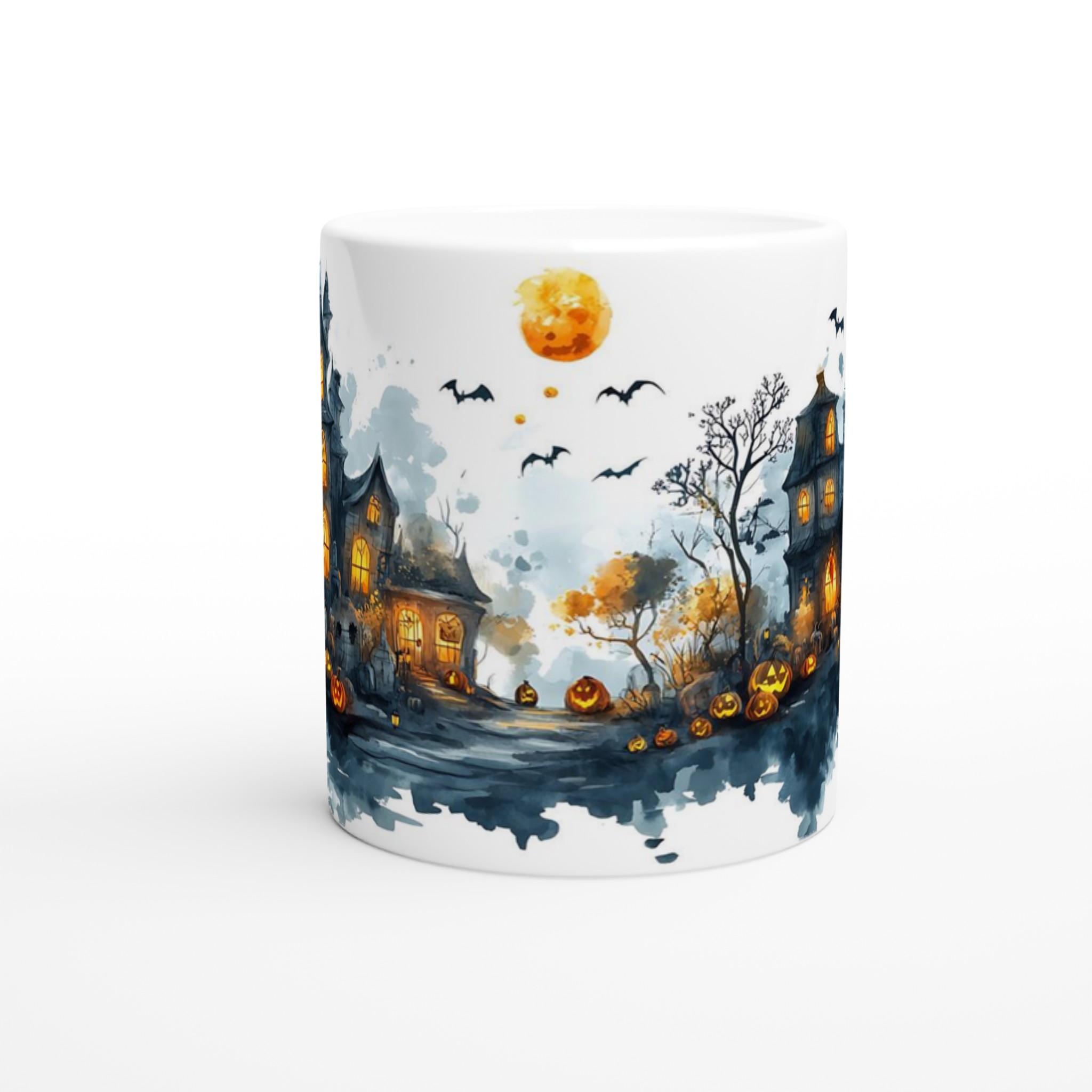 Spooky Halloween Haunted House Mugg - Akvarellstil med Lysande Pumpor och Fladdermöss 8 e6a69d61-6c6e-49b4-8841-7877f276e1f9