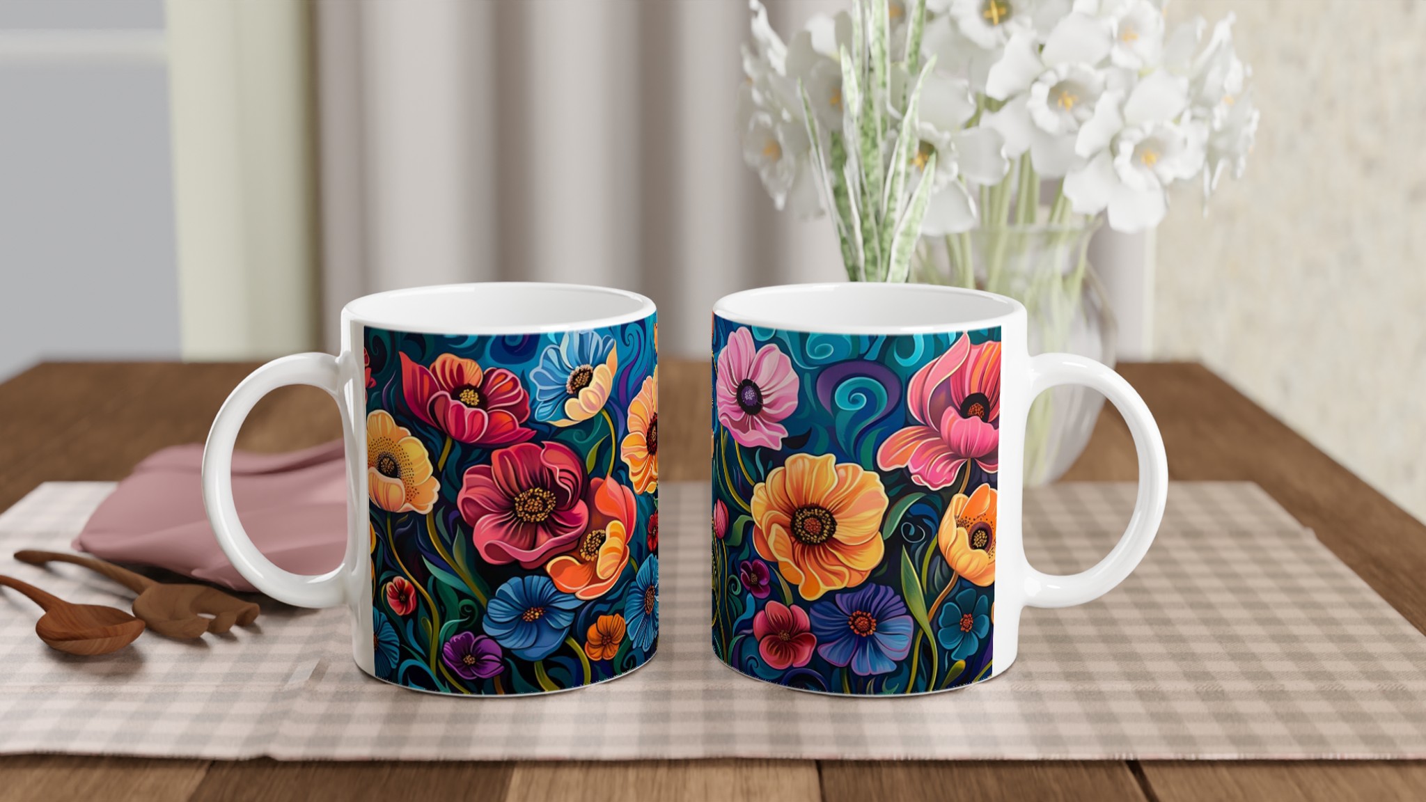 Abstrakt Blomster Keramikmugg – Konstnärlig Kaffemugg med Färgstarka Blommor och Virvlar i Ditt Val av Färg 10 e7312088-d133-44f7-9a1e-e7f9e195ff7d