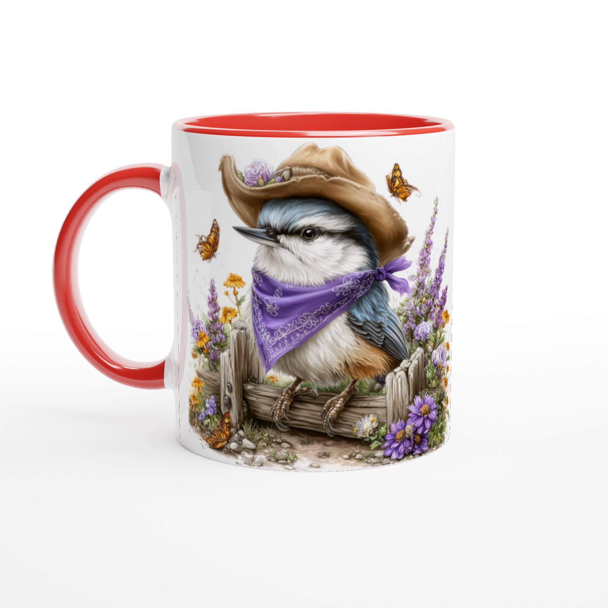 Vit 11oz keramisk mugg med charmig fågel i cowboyhatt – välj bland sju dekorativa färger 5 e74c2bdd-6f3d-44e5-a717-1f755745030d