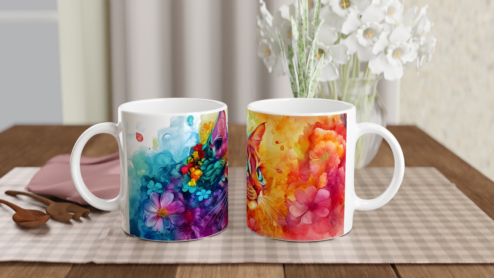 Mångfärgad Katten Mugg – 11 oz Keramikmugg med Psykedelisk Kattkonst, Välj Bland 7 Levande Färger 10 e91b493b-c57f-4fc2-ab05-77d44c5b08d7