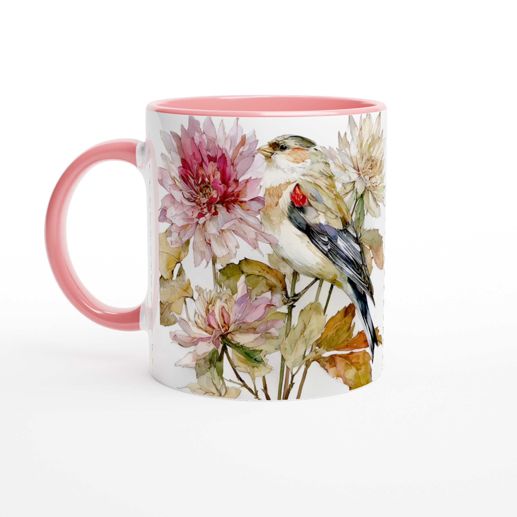 Vit 11oz keramisk mugg med elegant fågel och blomsterkonst i balanserade pastelltoner 6 e932ea1f-d2b5-4cfb-81b9-b8872ec1274b