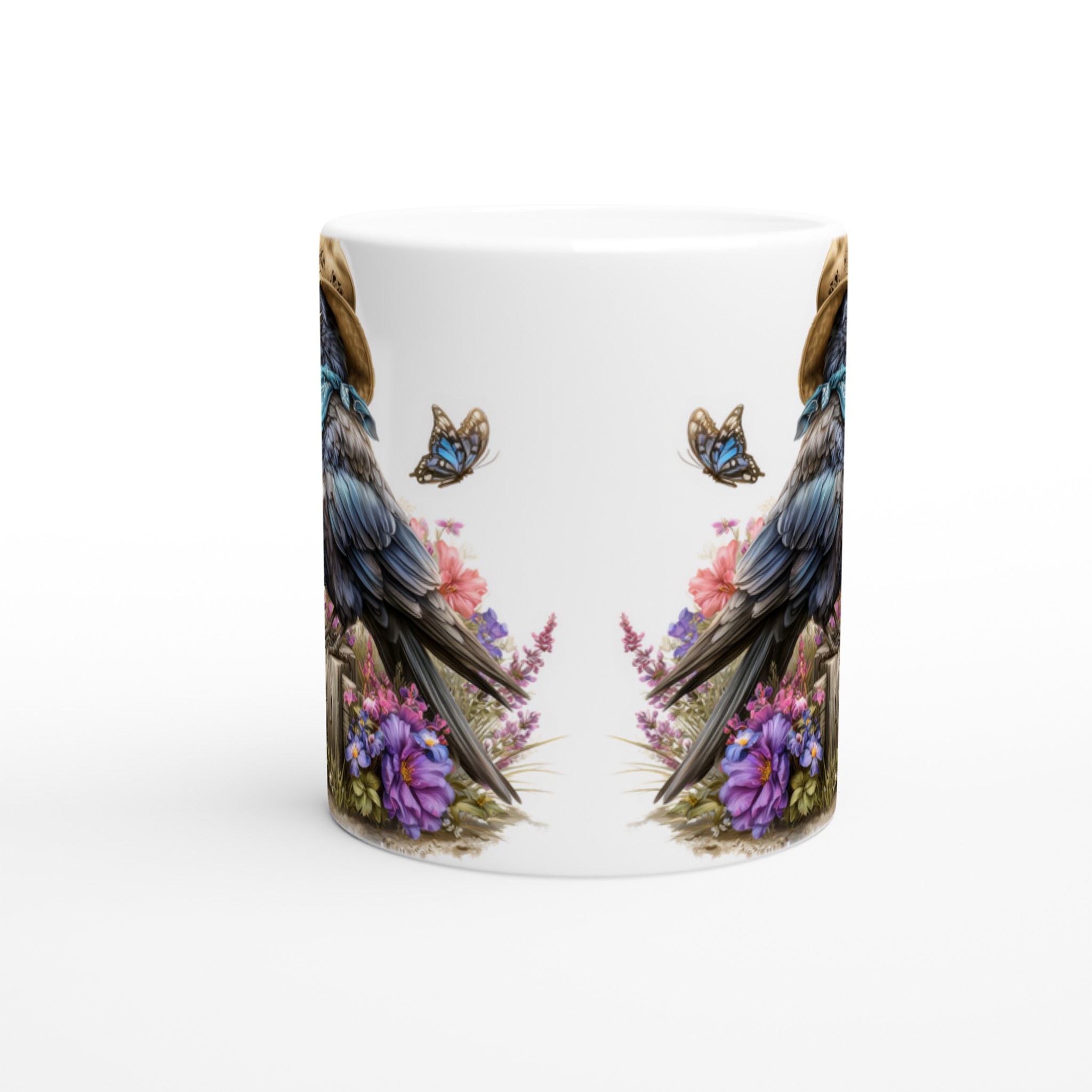 Vit 11oz keramisk mugg med charmig korp i hatt och blomsterprakt – välj din favoritfärg 9 e9520e70-8b4c-443c-a519-1a66b38ad856