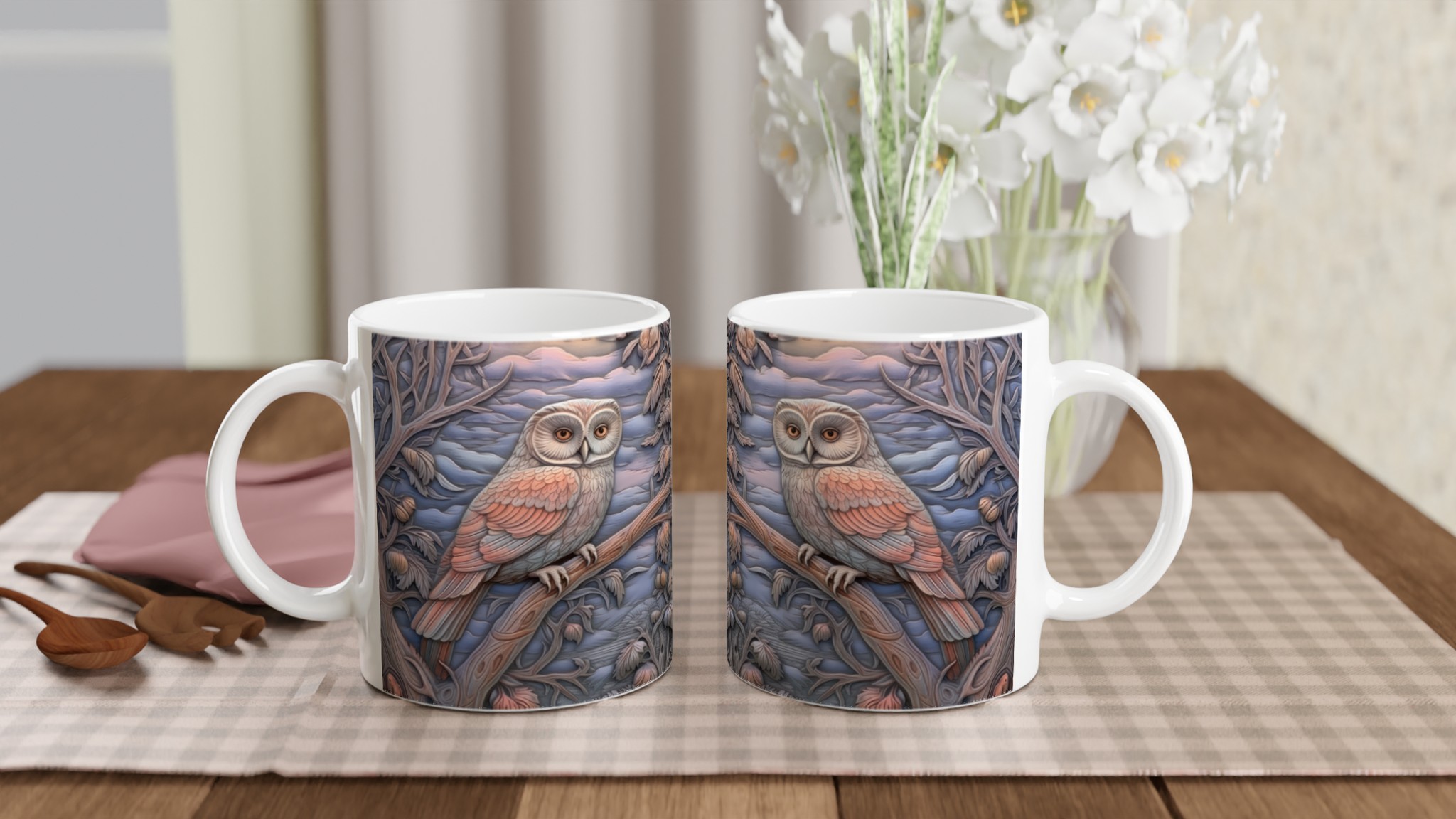 Vit 11oz keramisk mugg med konstnärligt ugglemotiv i mjuka pastelltoner – välj din favoritfärg 10 ea1ec43d-a2c2-4121-8760-b0b28eb4d041