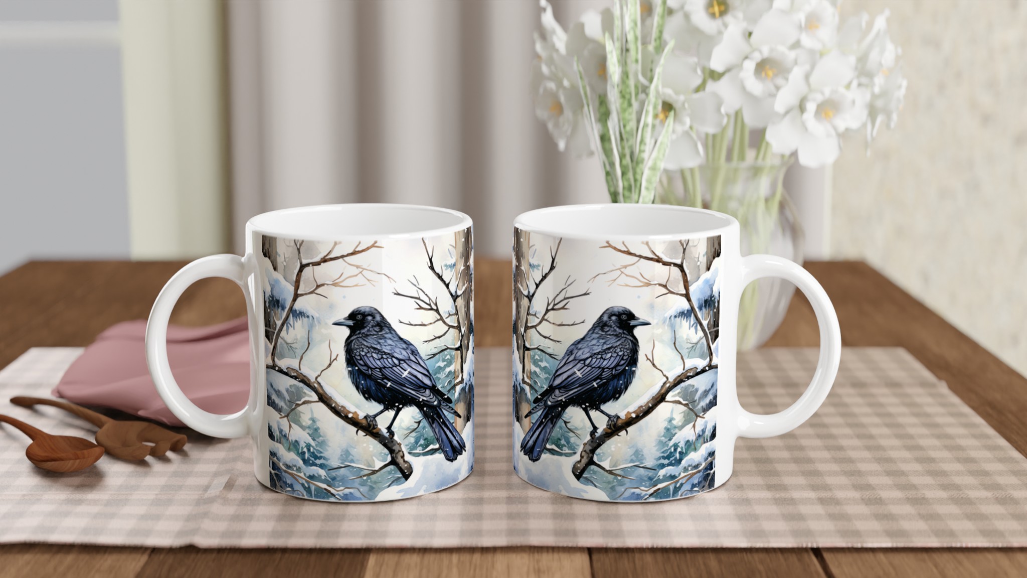 Vit 11oz keramisk mugg med vinterkråka - välj mellan sju eleganta keramiska färger 10 ea644691-7efd-4cfb-a9cd-47e9e560758a