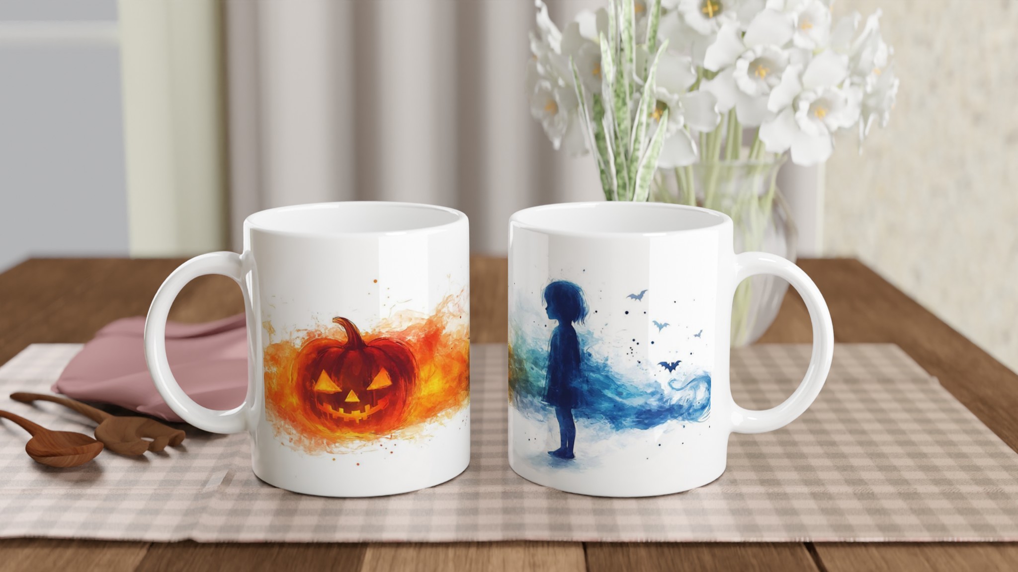Mystisk Halloween Keramikmugg - Pumpa och Spöklikt Barn i Akvarellstil, Välj bland 7 Färger 10 ead666e8-557e-44f3-b8a3-b72039e148c8